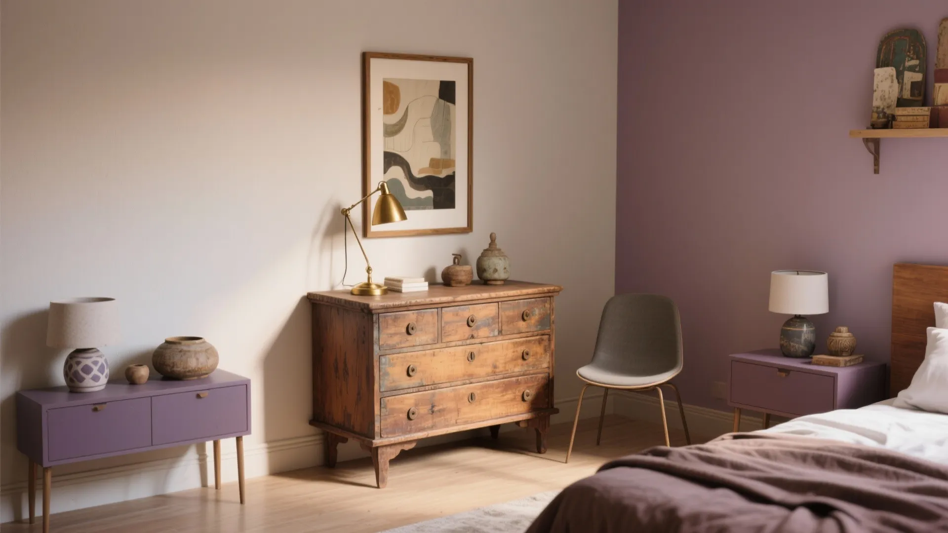 Vintage wooden cabinet in bedroom with purple side tables gold lamp and a grey chair