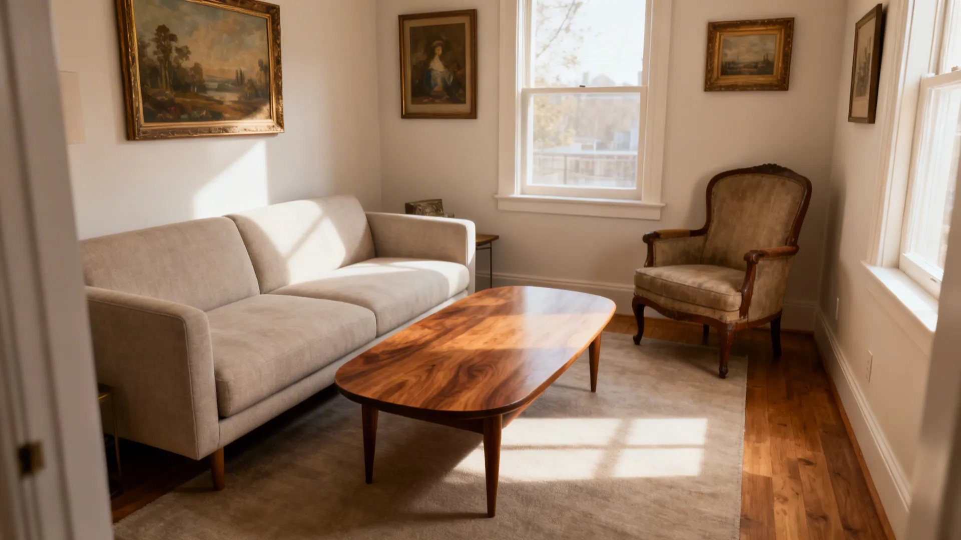 Compact living room combining a contemporary sofa with a mid-century coffee table and vintage armchair
