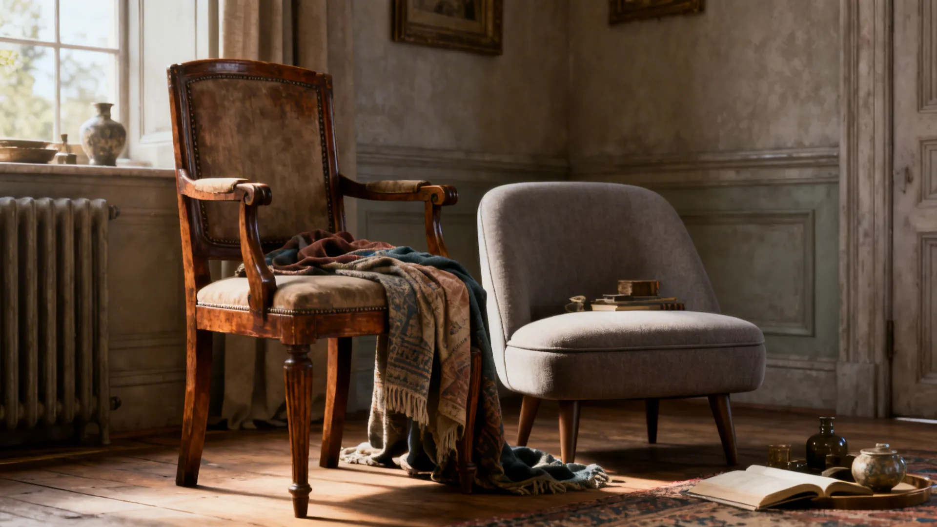 Vintage wooden chair with patterned blanket beside grey sofa on wood floor under bright light