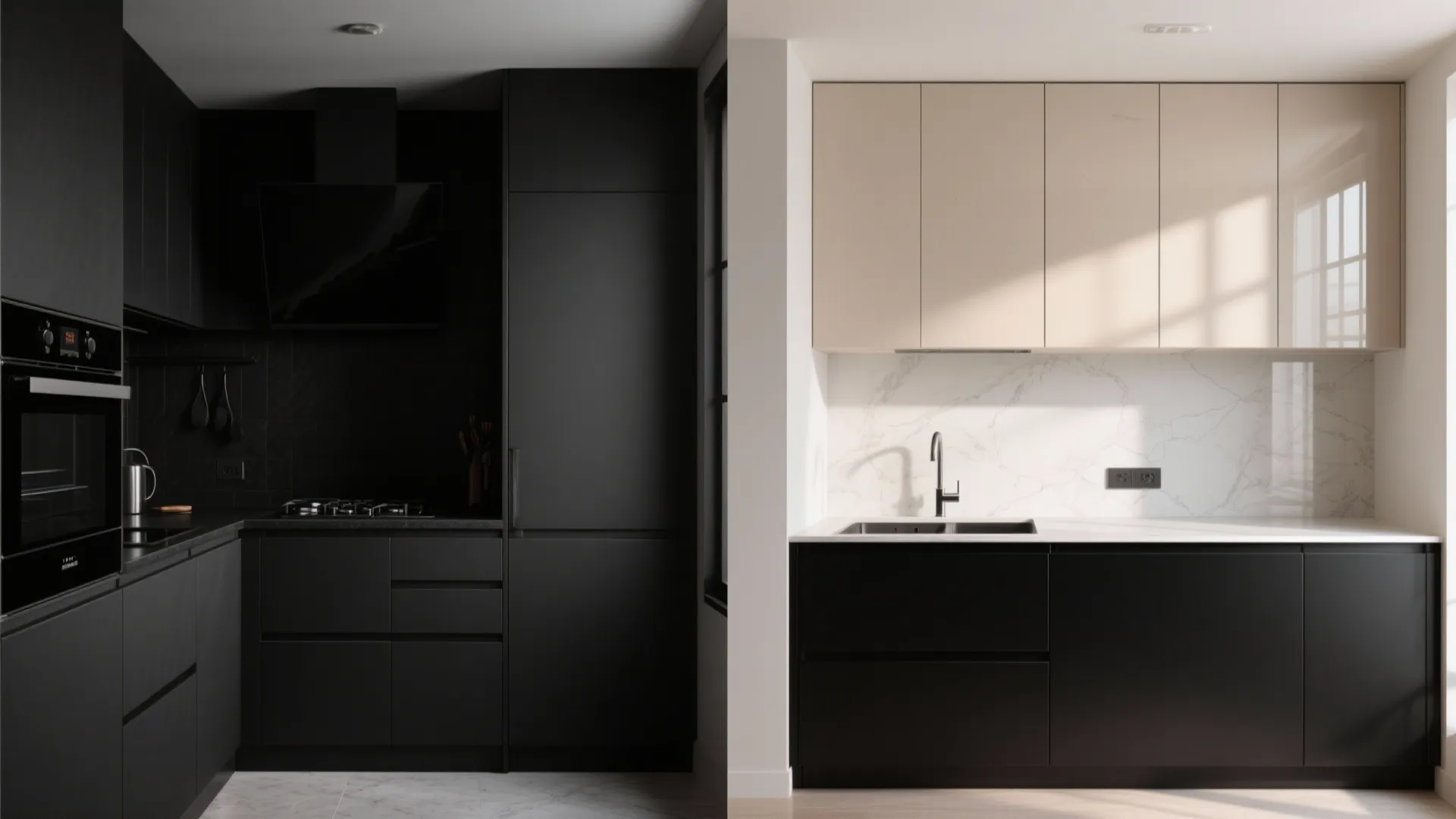 5. Mix finishes for function: matte black on lower cabinets, lighter uppers