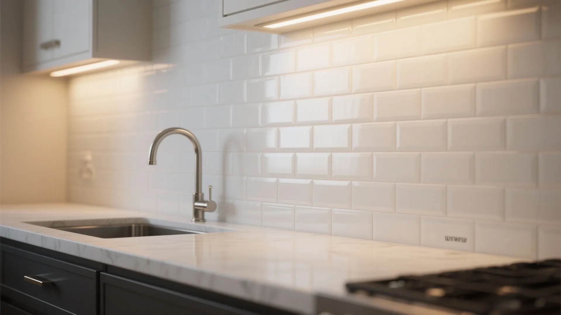 4. Mix finishes: glossy backsplash, matte countertop tiles