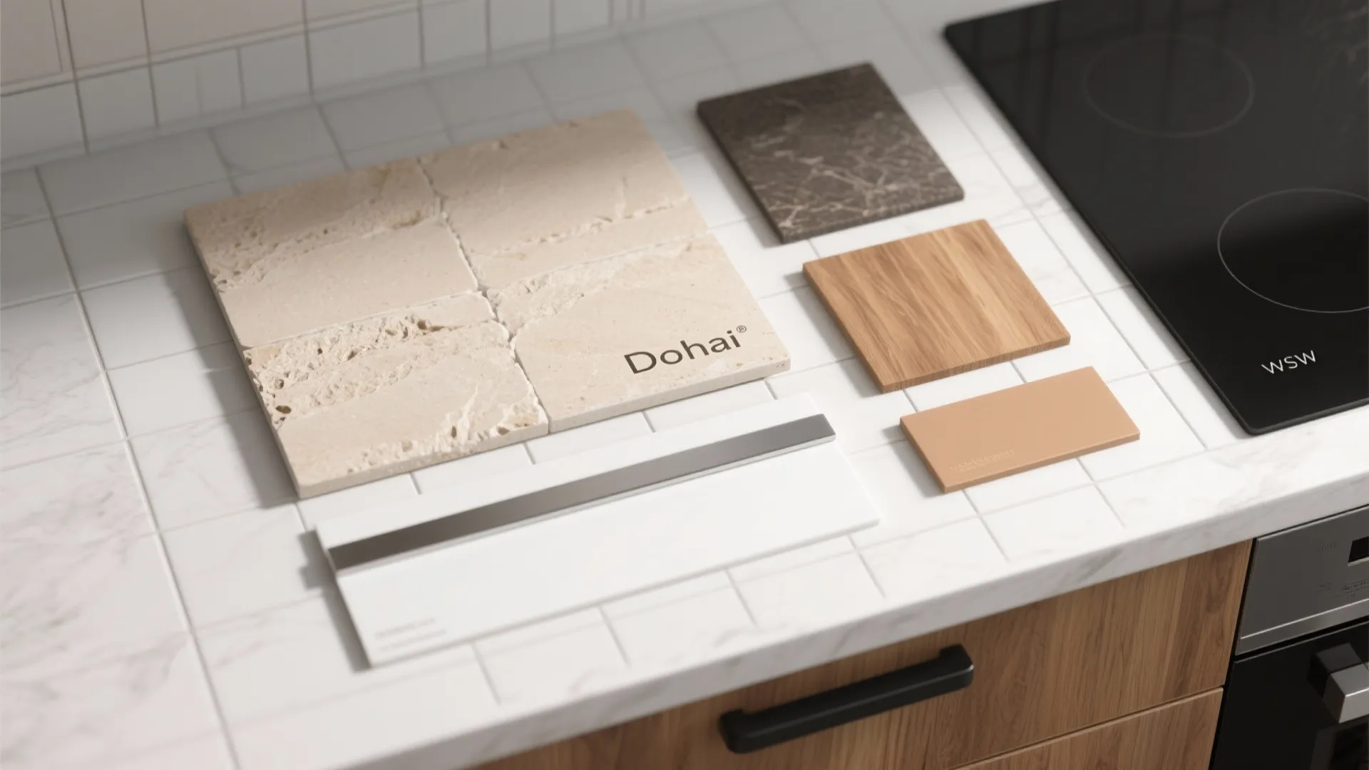 Flat lay with Dholpuri sandstone, glossy white tile strip, metal trim, oak veneer, and warm grout swatch.