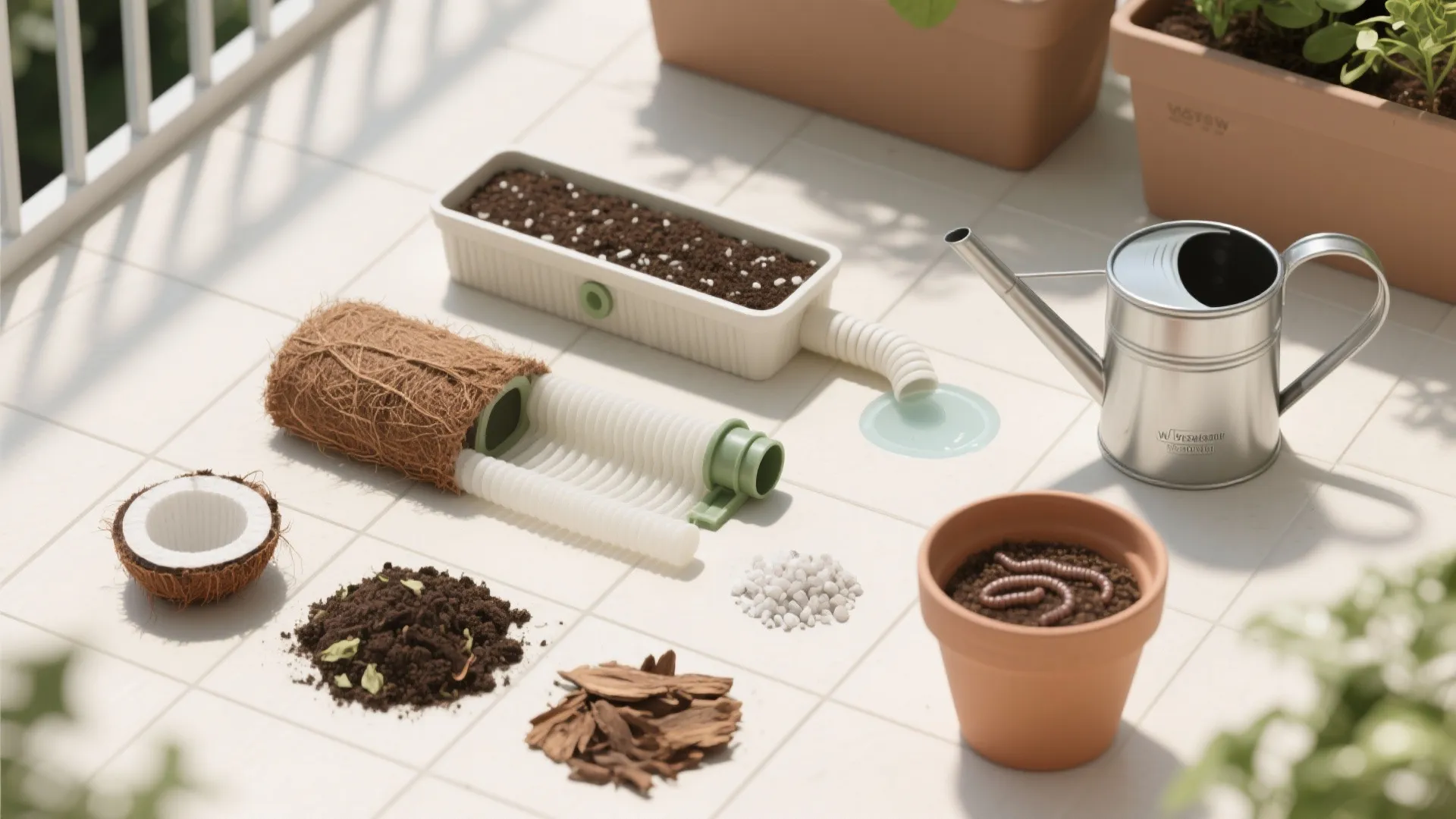 Flat lay of gardening supplies including soil and water can for an urban balcony garden