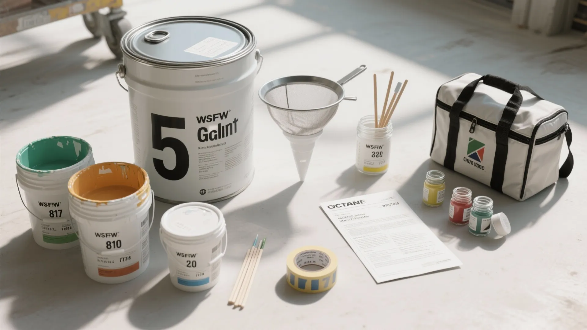 Collection of various paint cans and tools including funnels tape and brushes on a floor