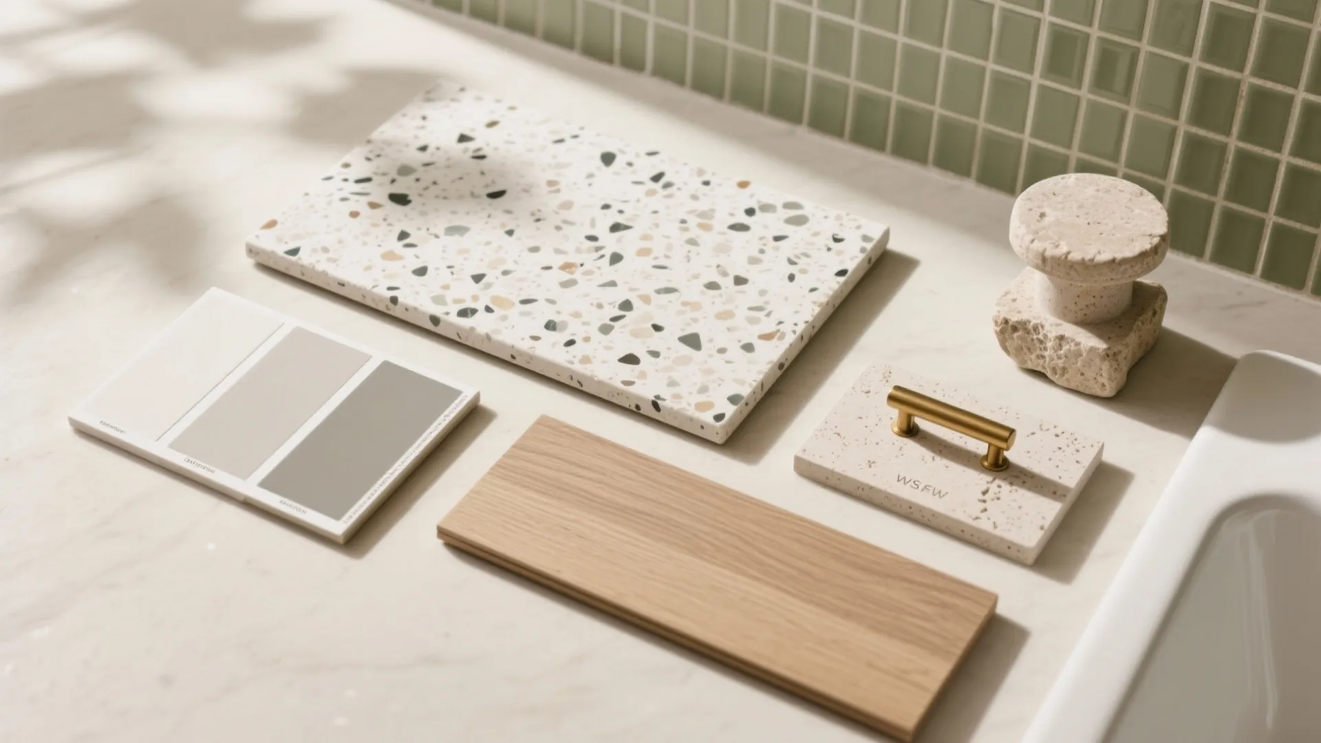 Top-down flat lay of terrazzo, porcelain, wood-look tile, paint swatches, and a brass handle for a cohesive palette.