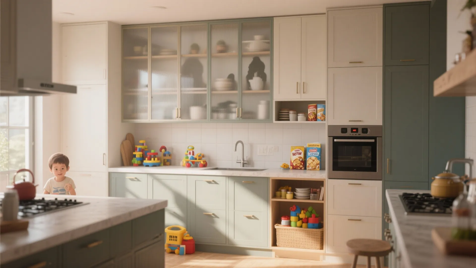 Family kitchen with alternating frosted glass and solid cabinet doors to conceal clutter