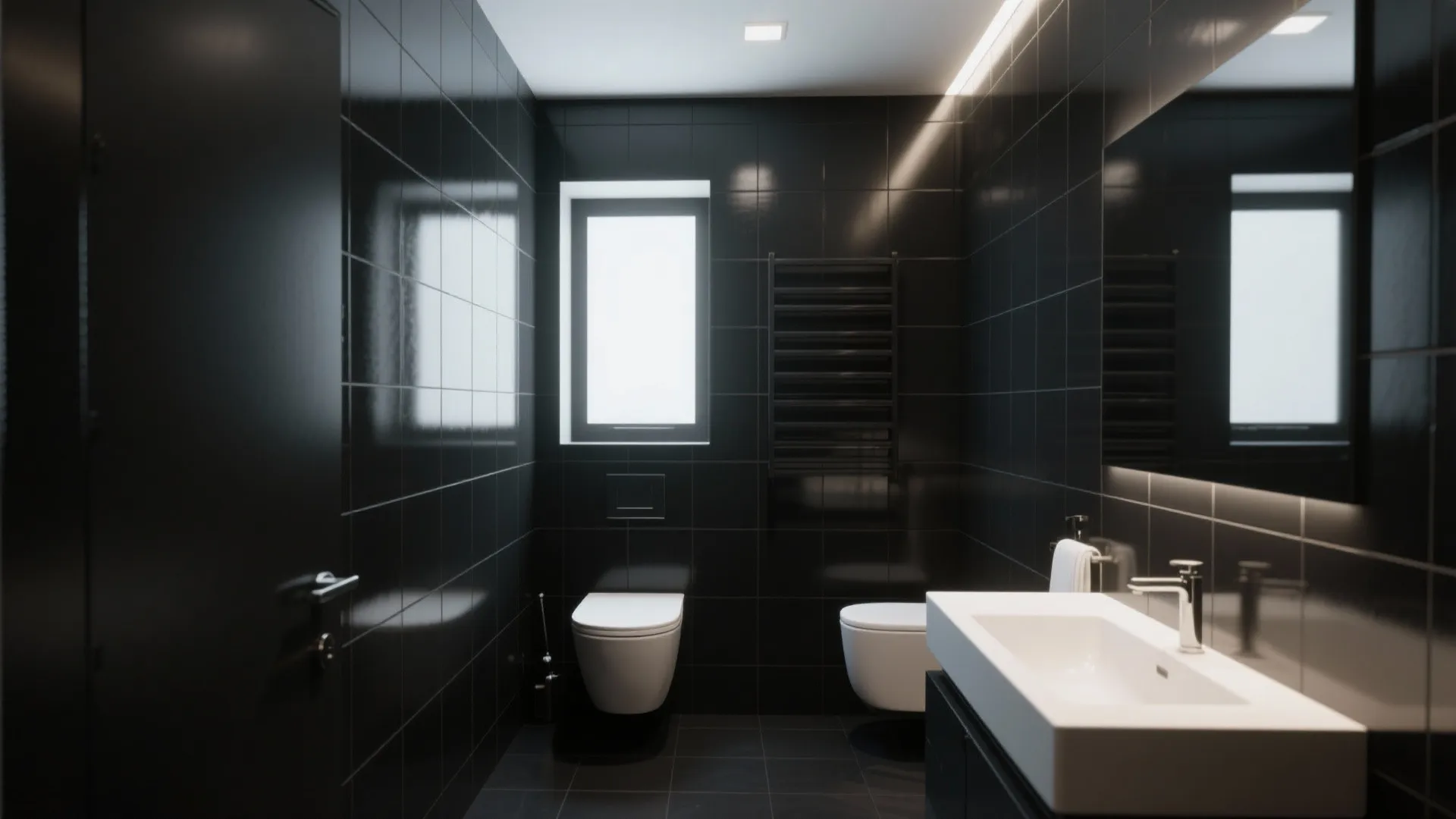 Modern bathroom with black wall tiles white toilet white sink mirror and bright small window