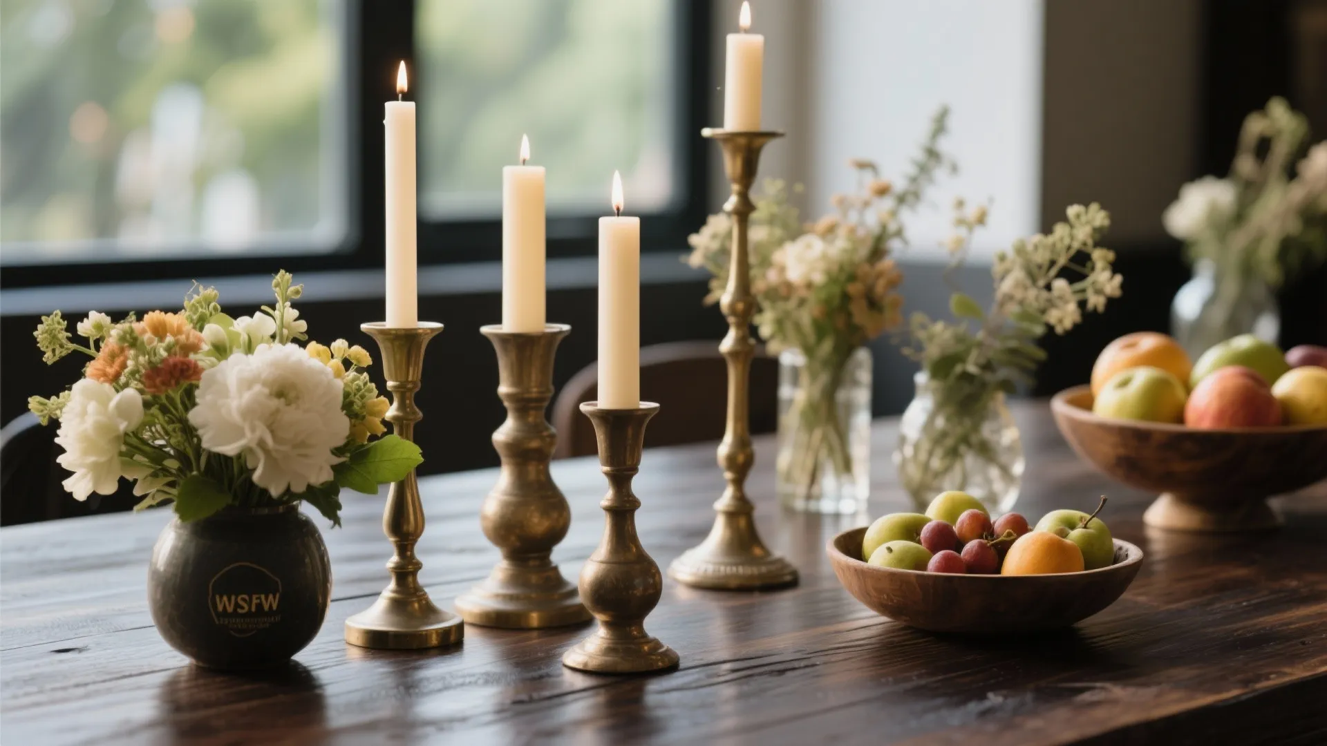 Dark wooden dining table decorated with tall brass candle holders fruit bowls and flower vases