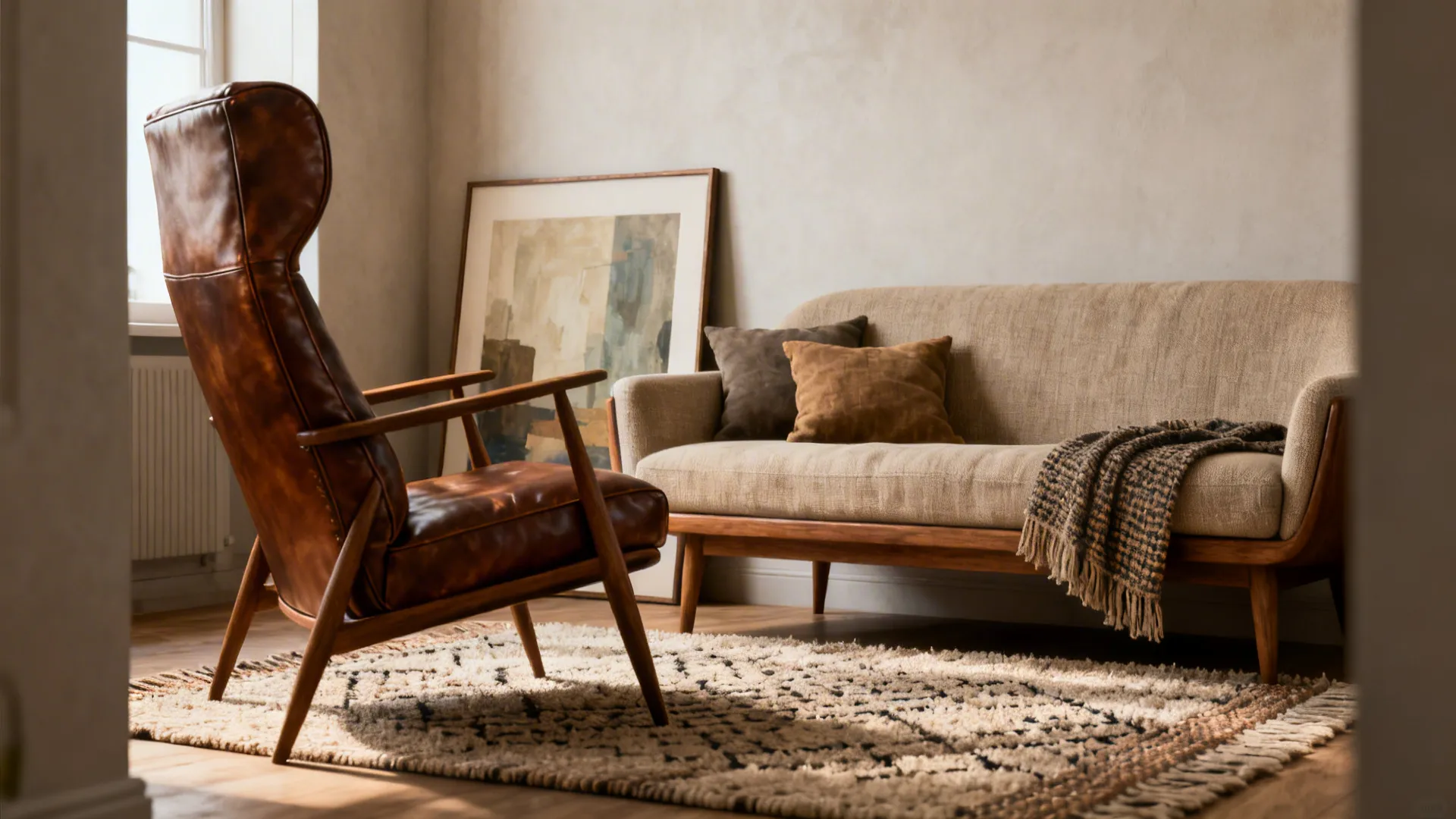Layered living room with a tall leather high-back chair paired with a low linen sofa for visual depth.