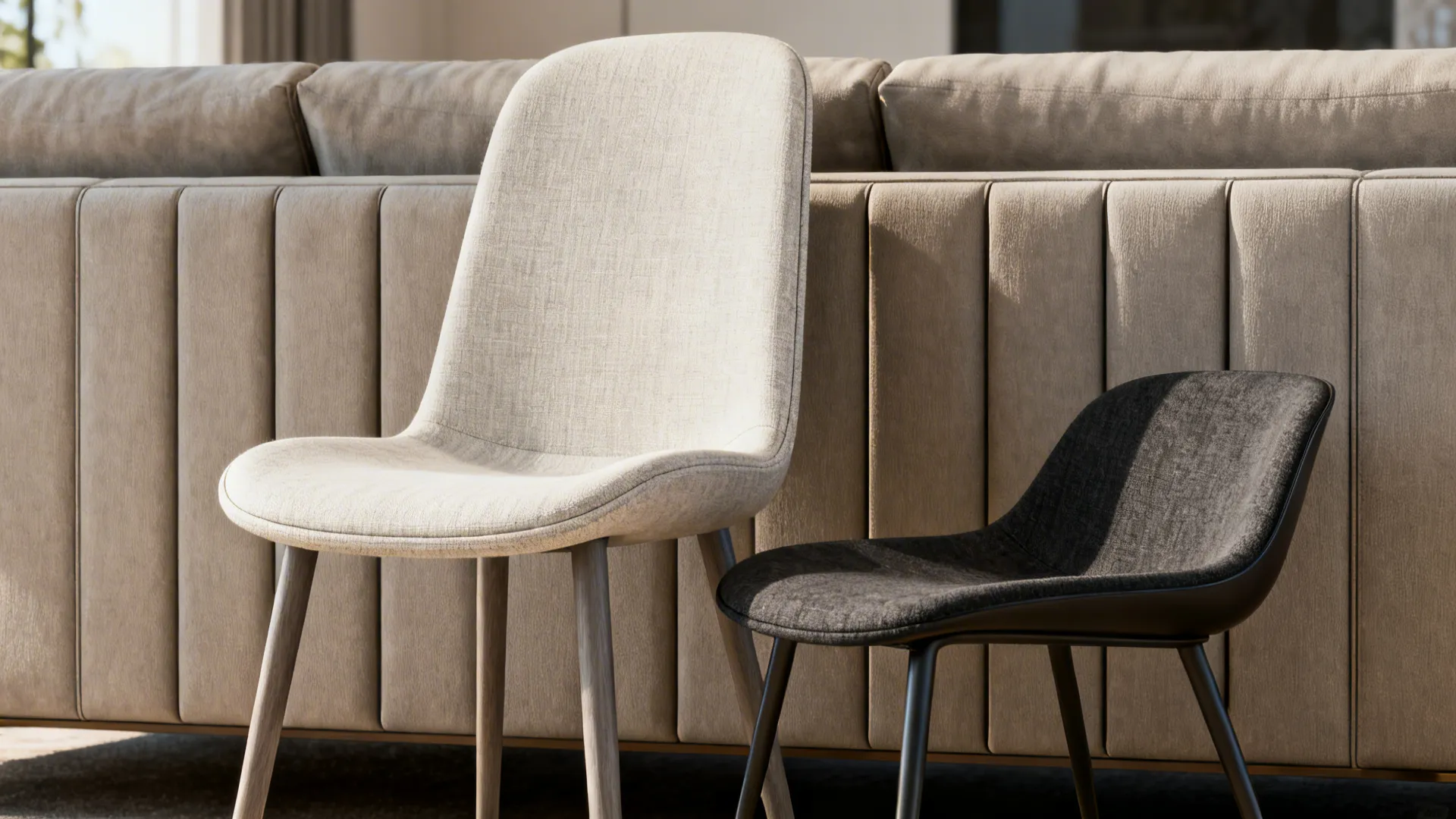 Close-up of two accent chairs with contrasting heights and fabrics showing vertical interest in a small living room.