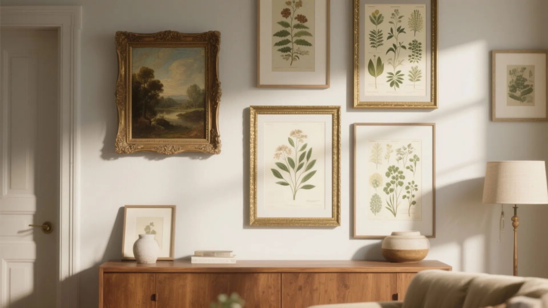 A vintage oil painting above three botanical prints, frames and colors tied together for a cohesive display.