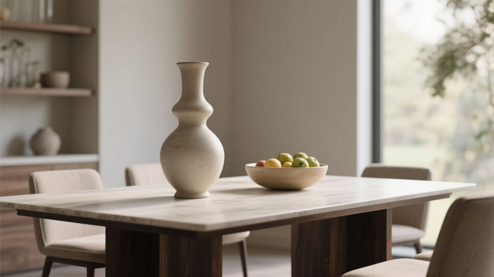 Modern dining room featuring beige vase fruit bowl on marble table with neutral upholstered chairs
