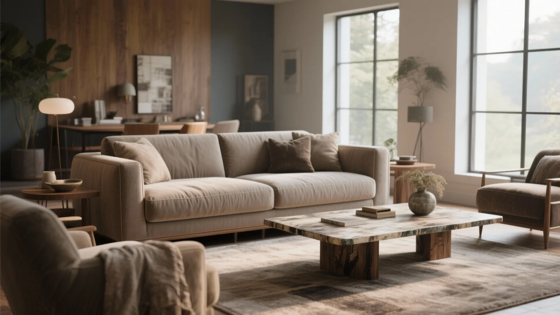 Living room with custom sofa and thrifted coffee table