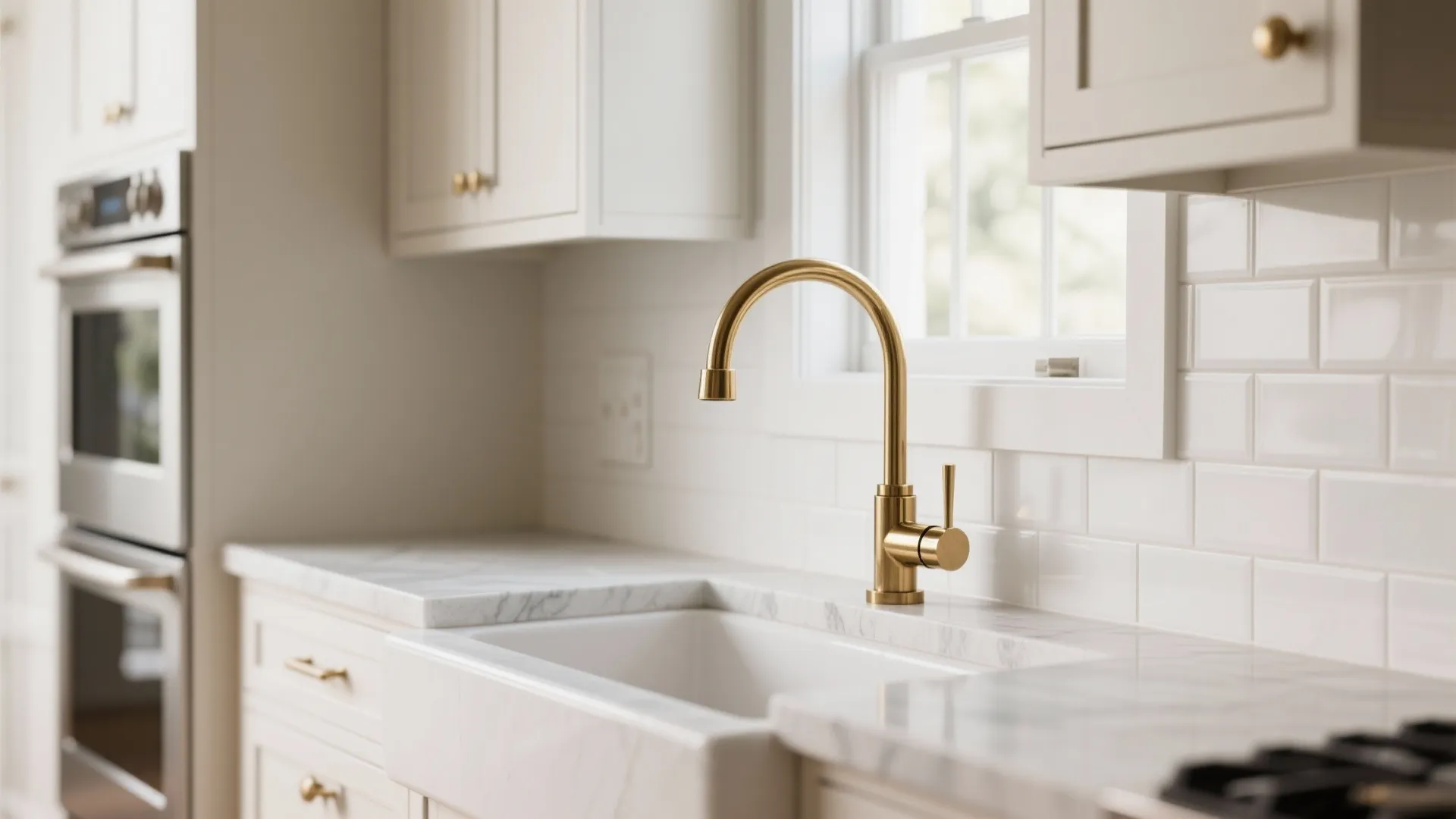 Modern kitchen with gold faucet white sink marble countertop subway tile wall and wood cabinets