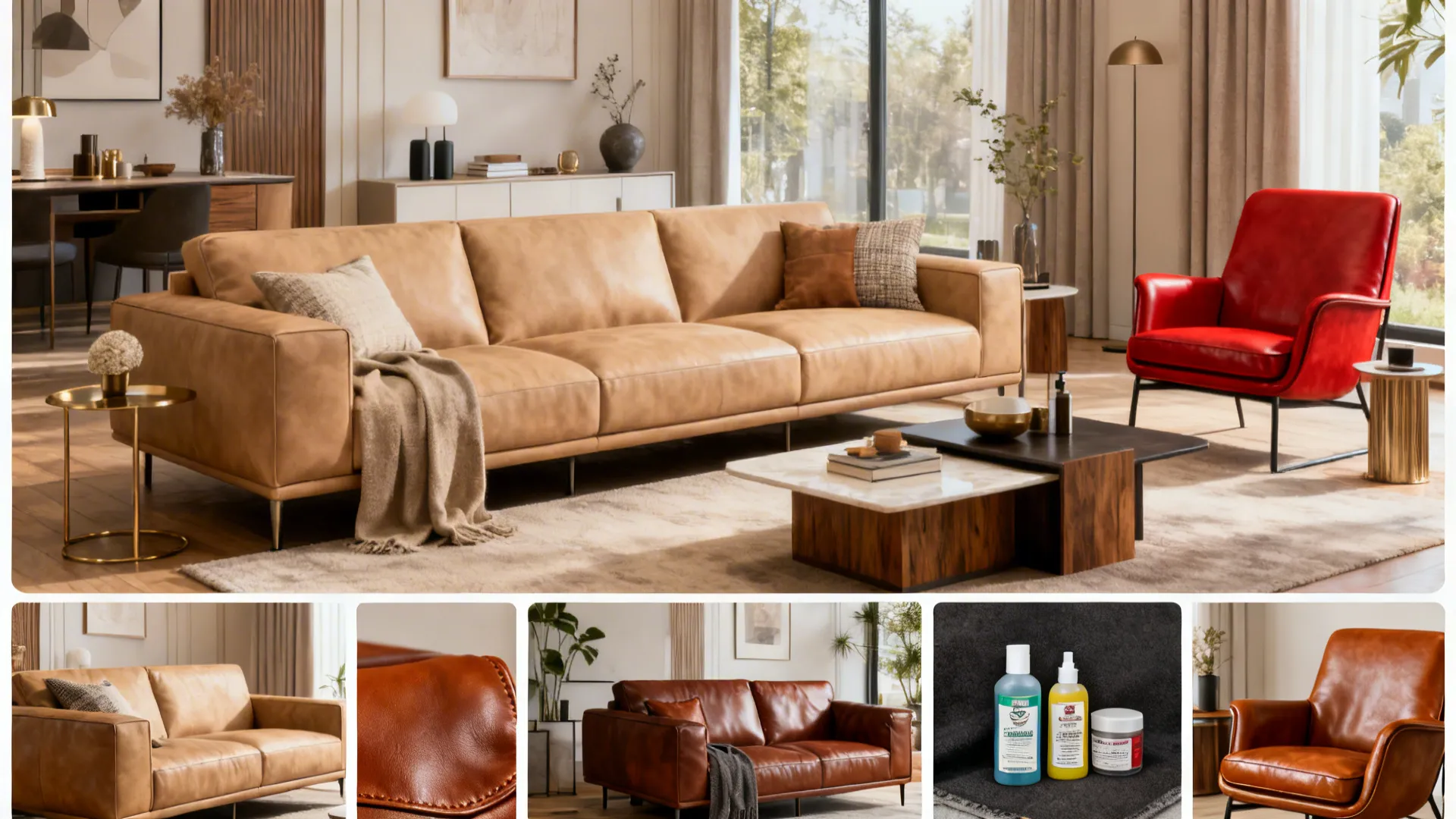 Collage of vignettes showing tips for mixing leather colors: anchor sofa, statement chair, finishes, accessories, and care.