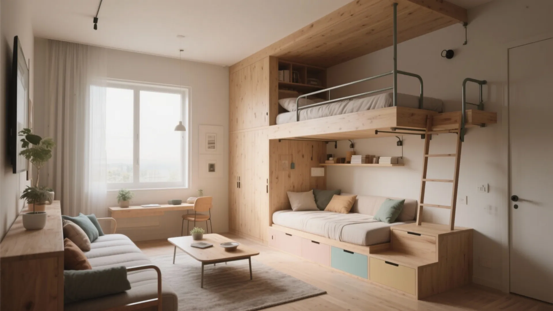 5. Mix-and-match: loft + bunk + fold-down daybed