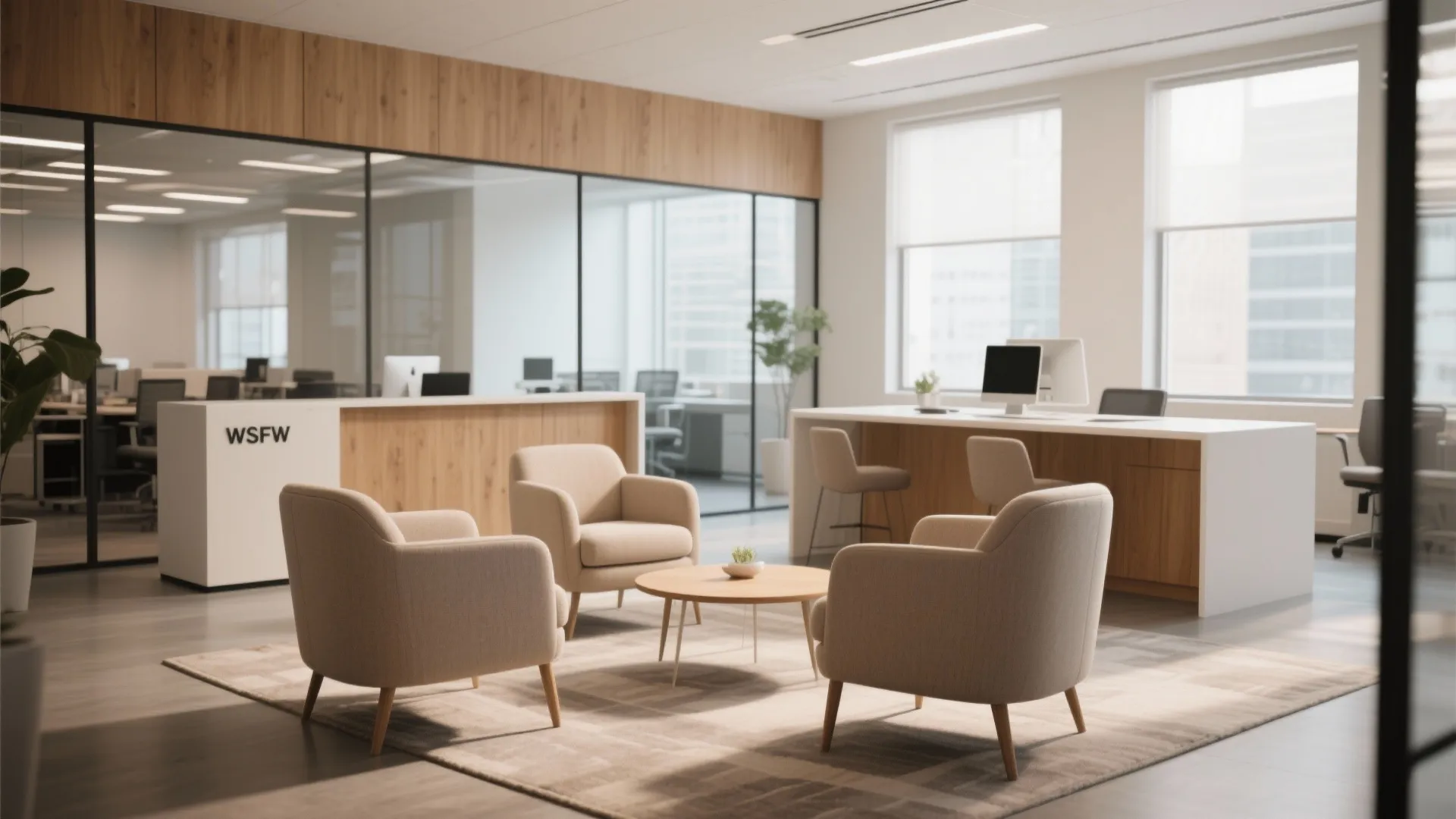 A modern office lounge blending comfortable seating with a small work counter