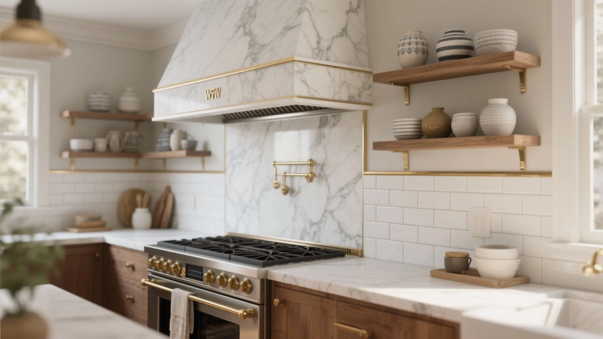 3. Mix marble with subway tiles