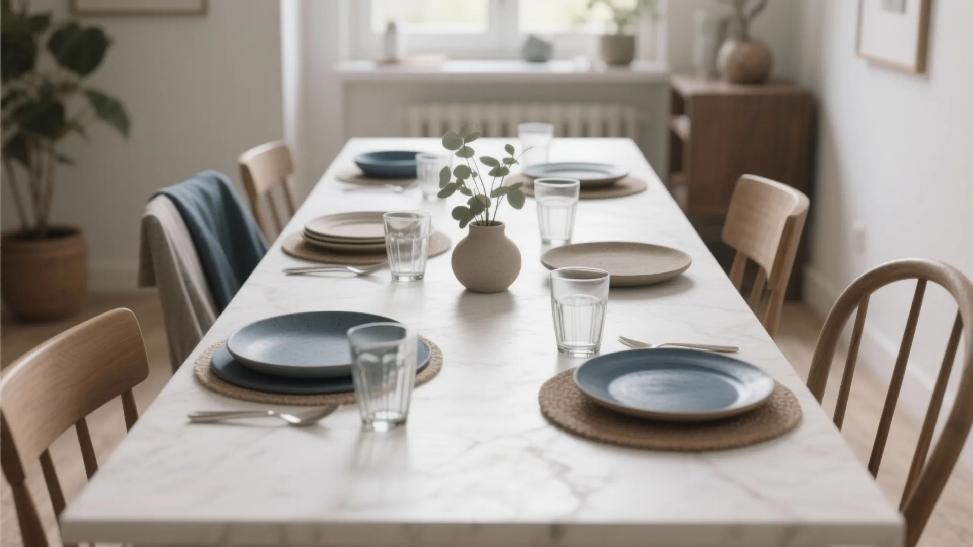 Narrow dining table with mix-and-match earthenware plates and glass tumblers styled intentionally.