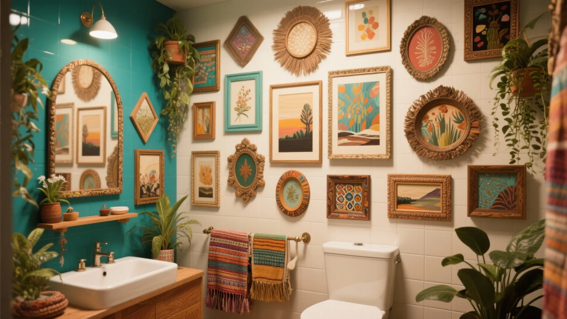 Colorful bathroom featuring many framed pictures on wall with plants white sink and toilet area