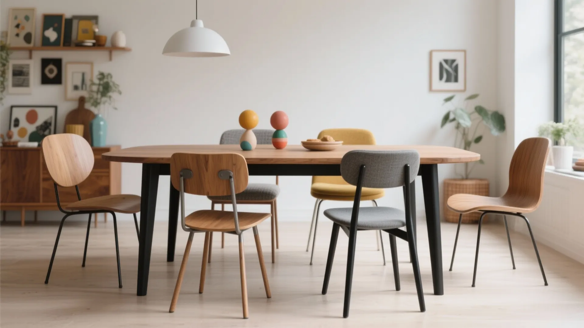 Bright dining room featuring a wooden table with mixed colorful chairs and a white light