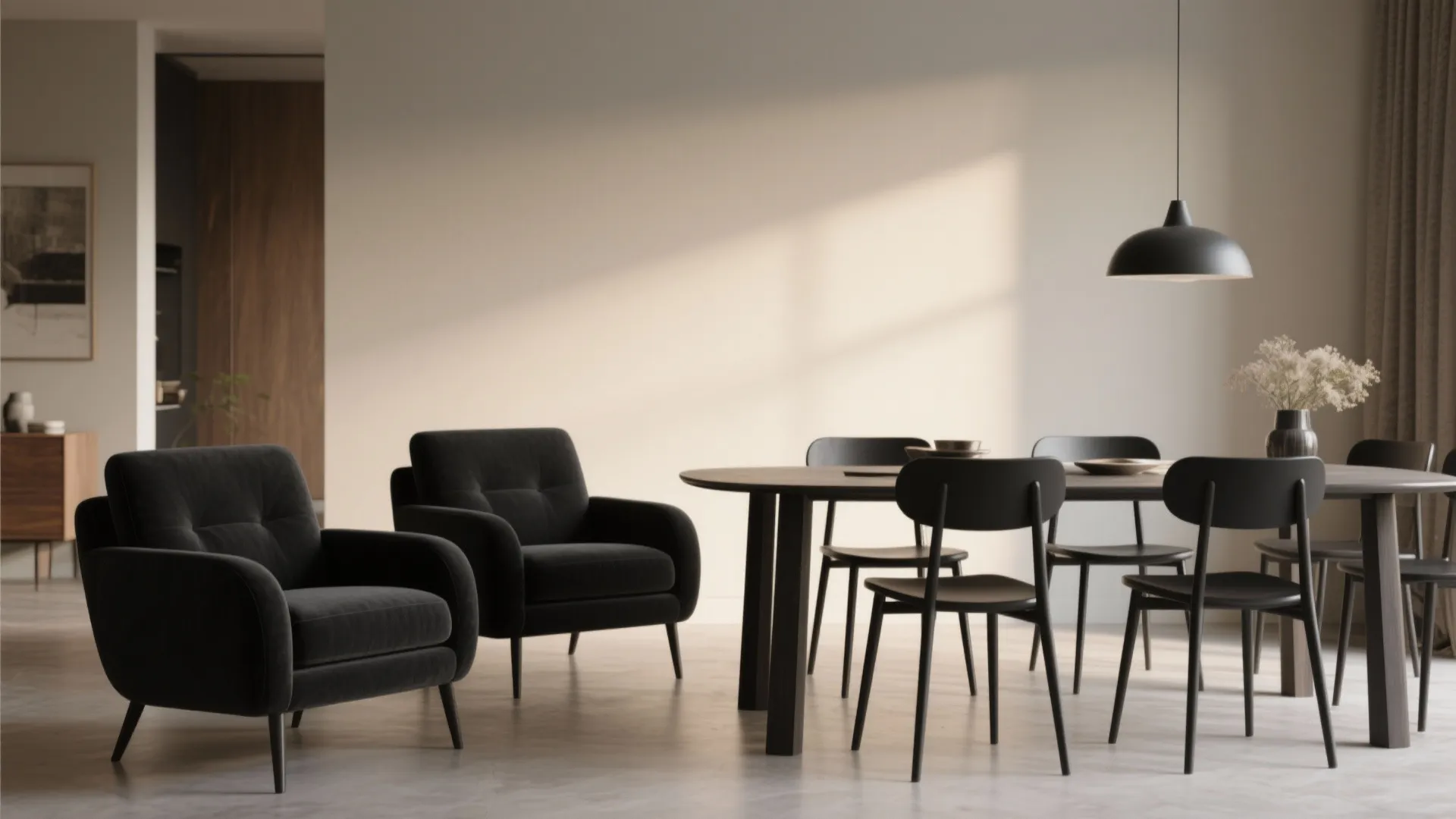 Two black armchairs and a dining table with black chairs under a black ceiling light