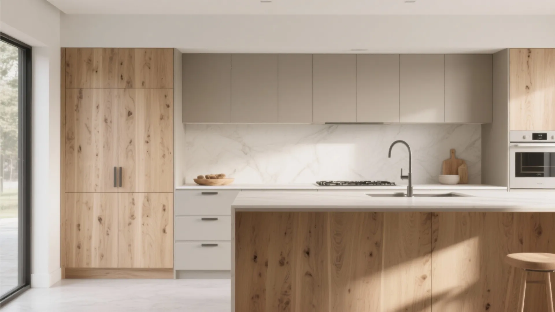 Modern kitchen featuring light wood island and matching tall cabinet with grey overhead storage units