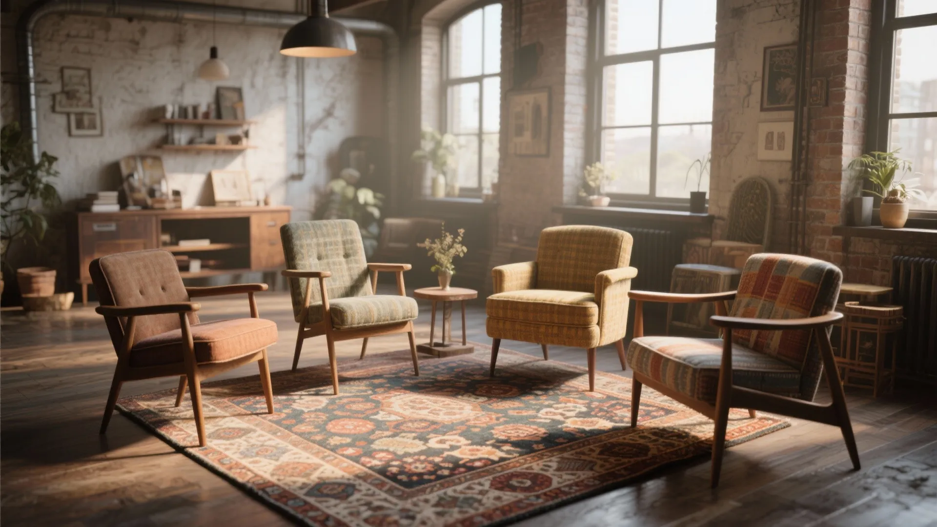 Mismatched chairs unified by color and rug pattern