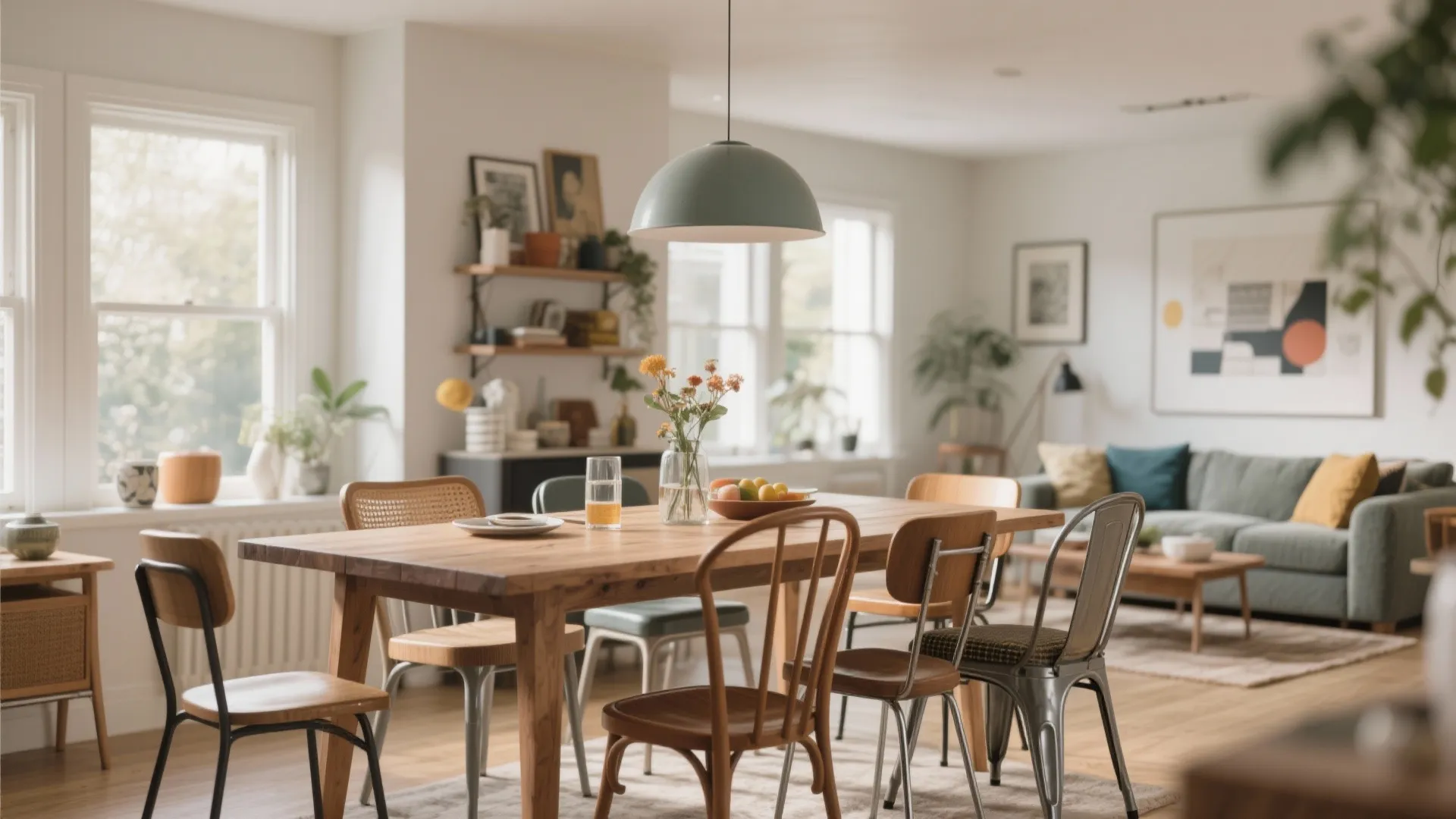 Wooden dining table with mixed style chairs in a bright open plan living room layout