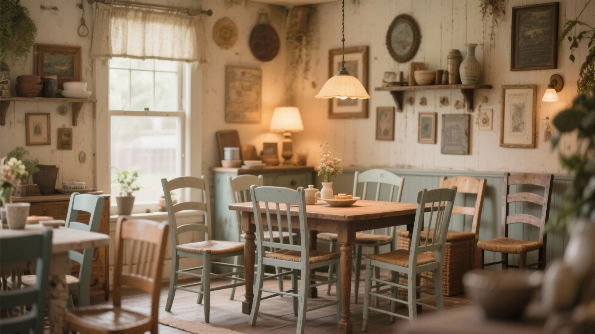 Dining room with mismatched chairs painted the same color