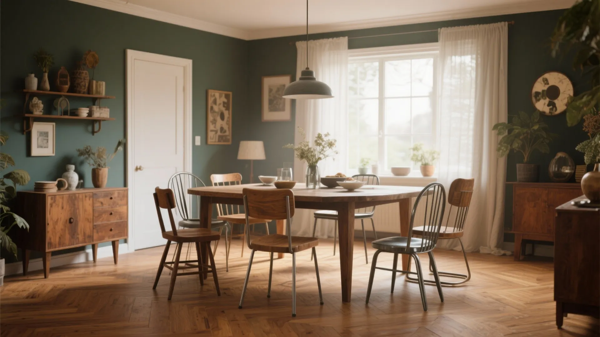 Vintage dining room with green walls wooden table mixed chairs large windows and wood cabinet