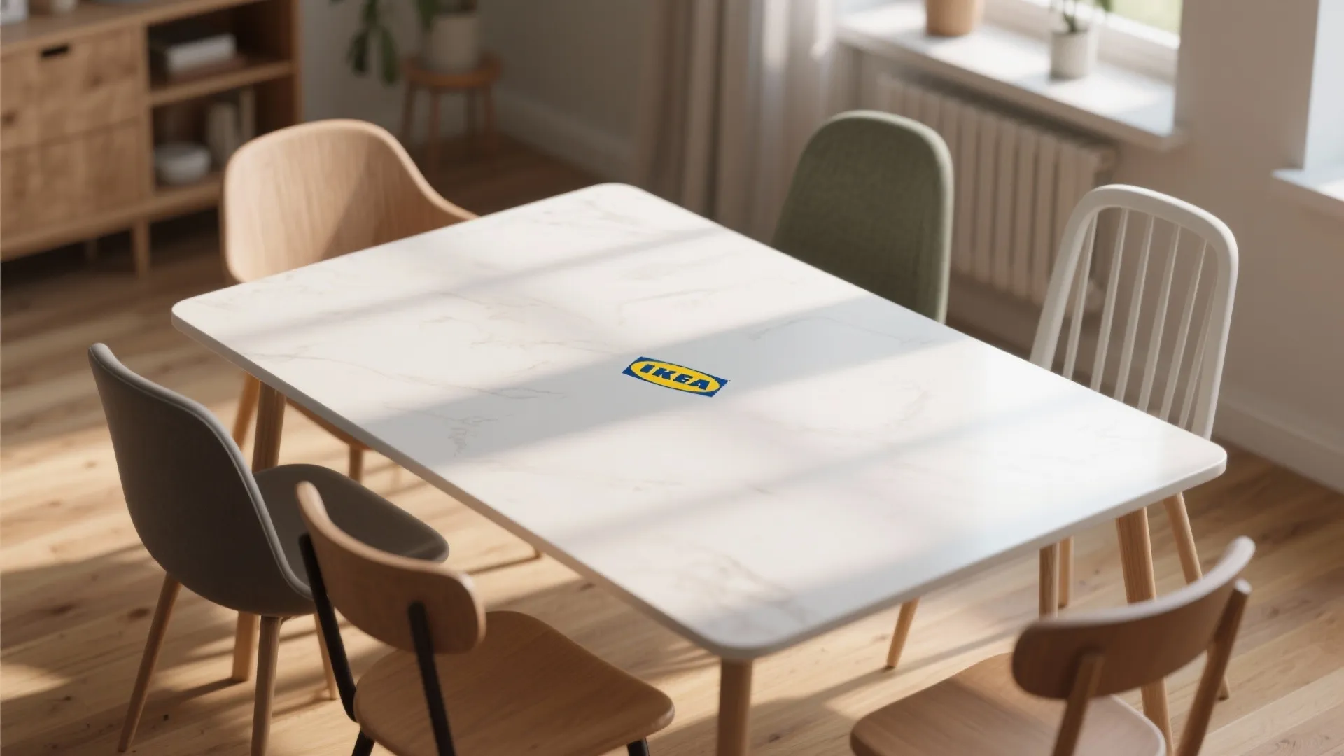 White marble dining table with several different colored wooden and metal chairs in a bright room
