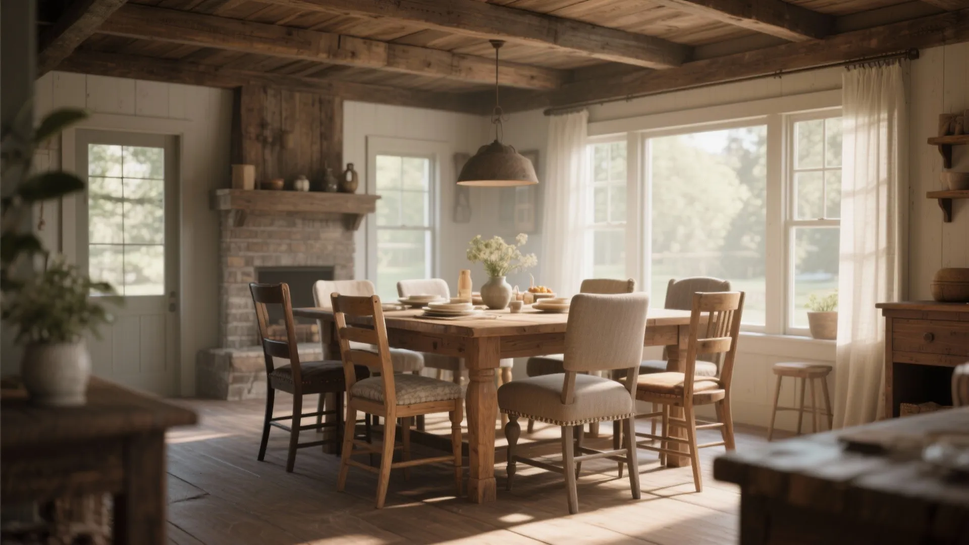 Rustic dining room with different chair styles in harmony