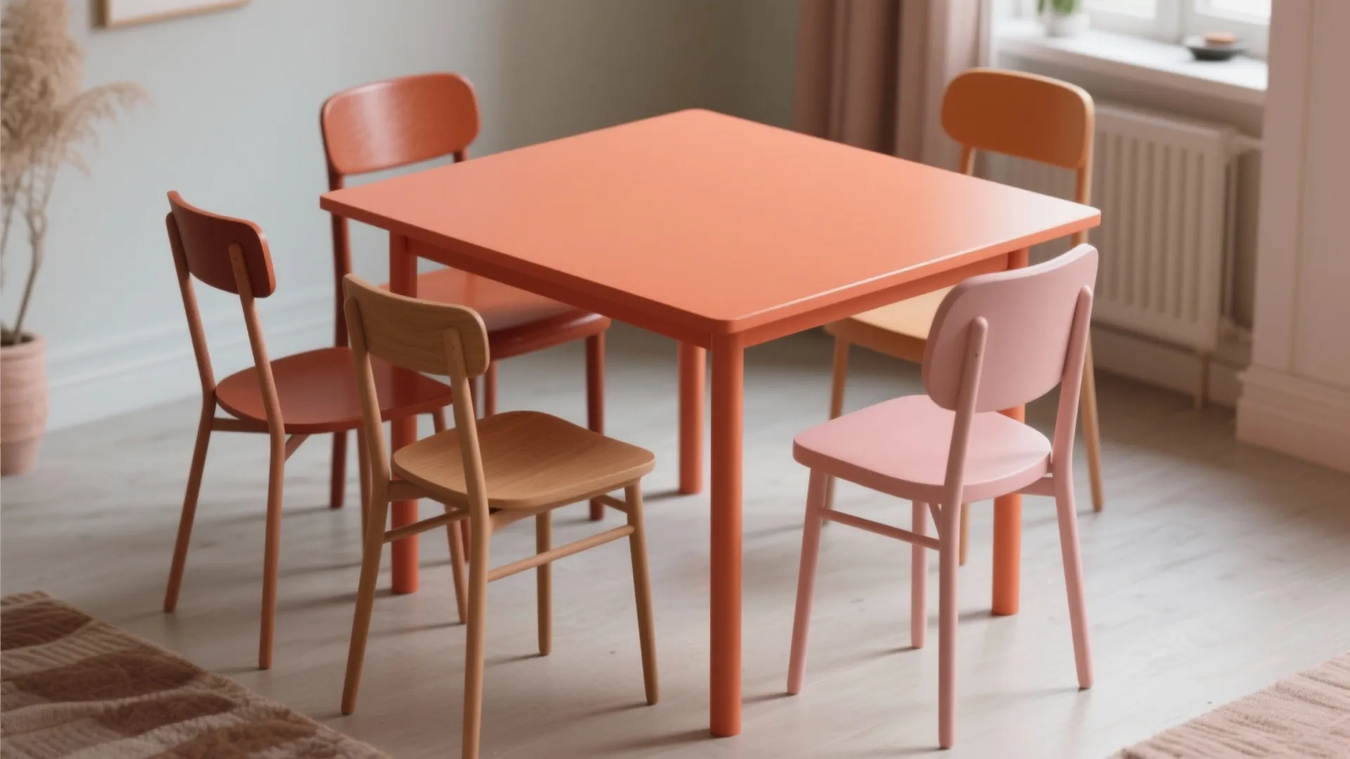Modern dining area featuring a square orange table surrounded by various colorful wooden chairs indoors