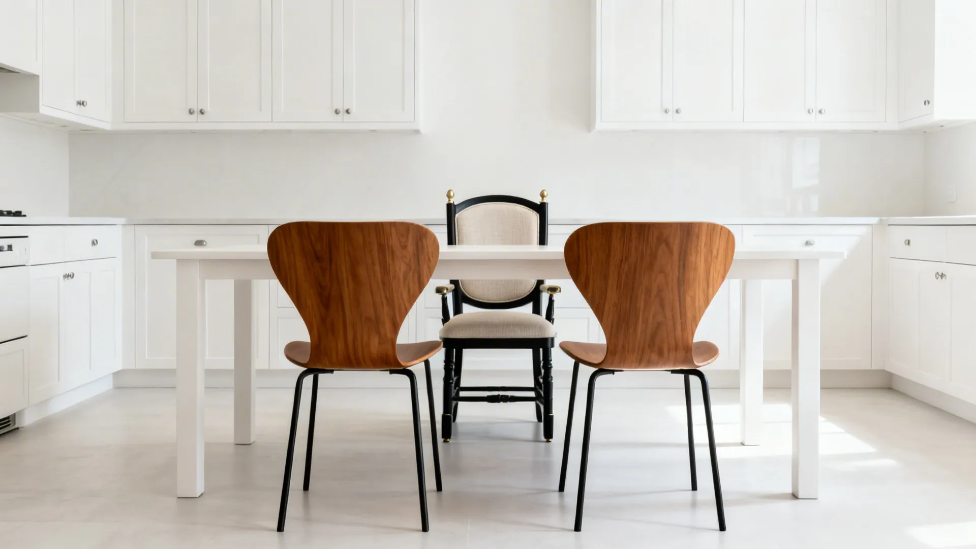 Minimalist kitchen with two oak shell chairs and one upholstered captain’s chair around a slim table.