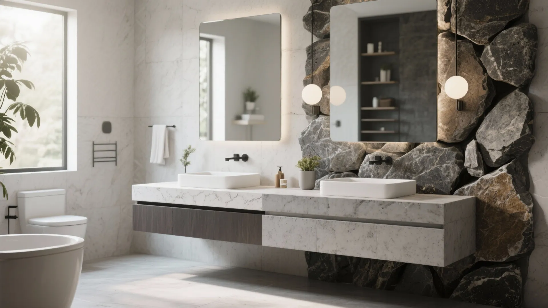 Modern bathroom with floating marble cabinet two white sinks stone wall and round light fixtures