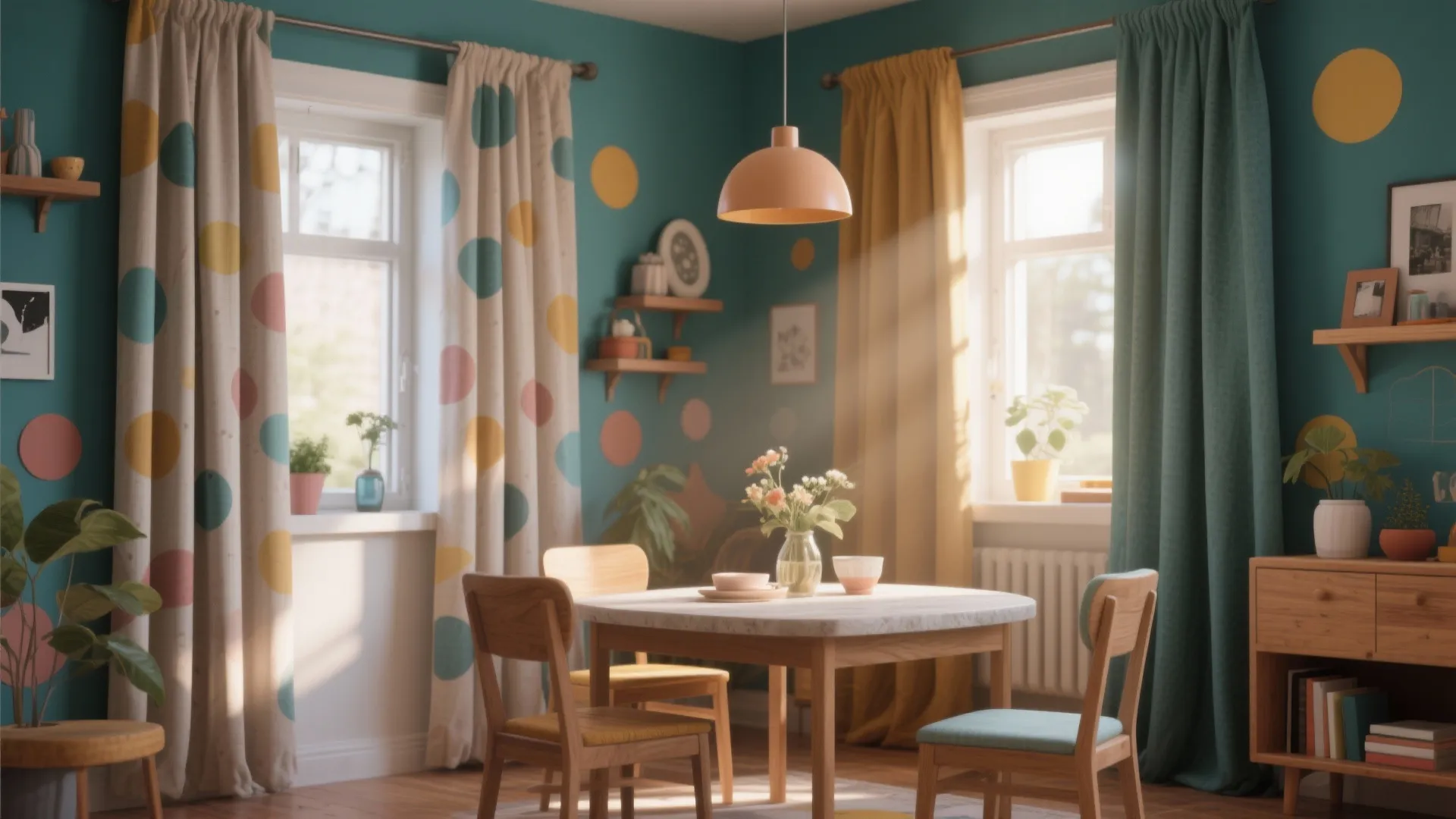 Small dining room with mix-and-match curtain panels