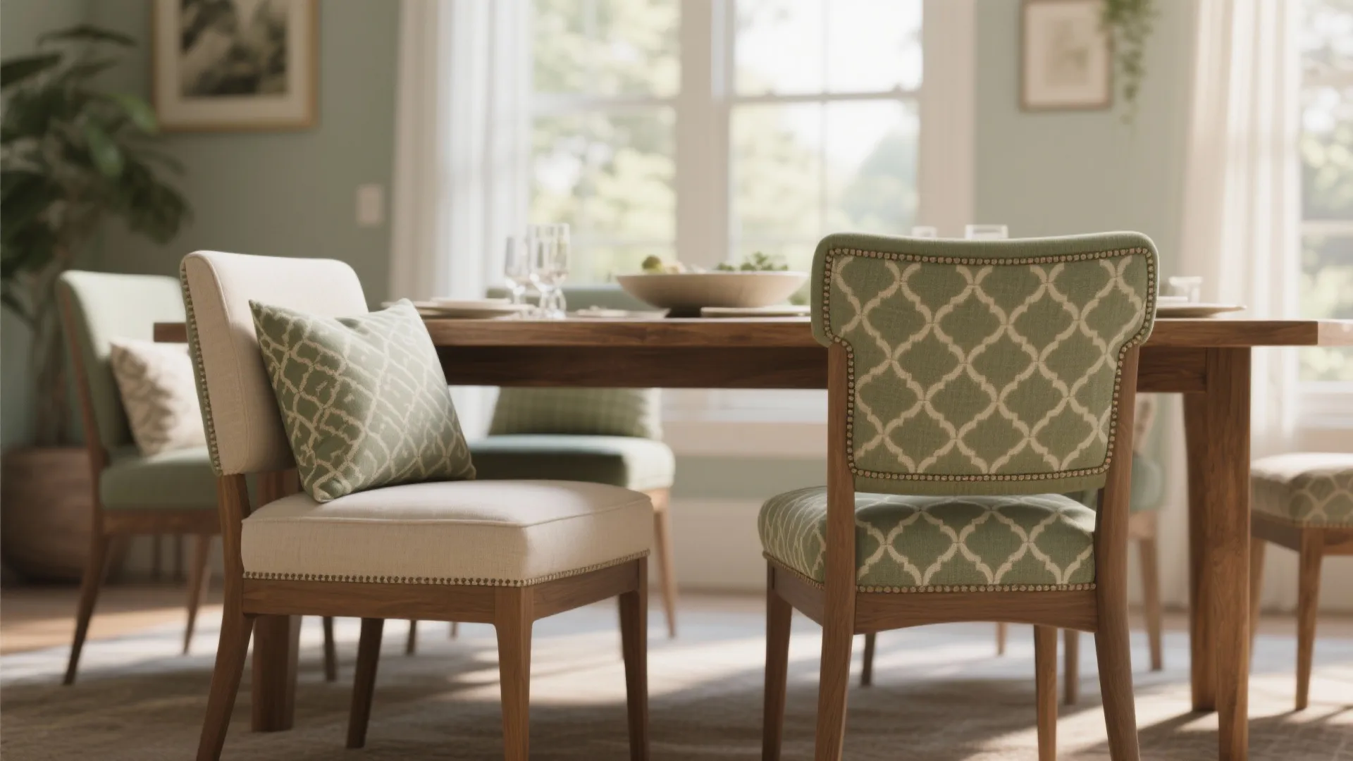 Dining table with wooden chairs featuring green pattern pillows and cream cushions in bright room