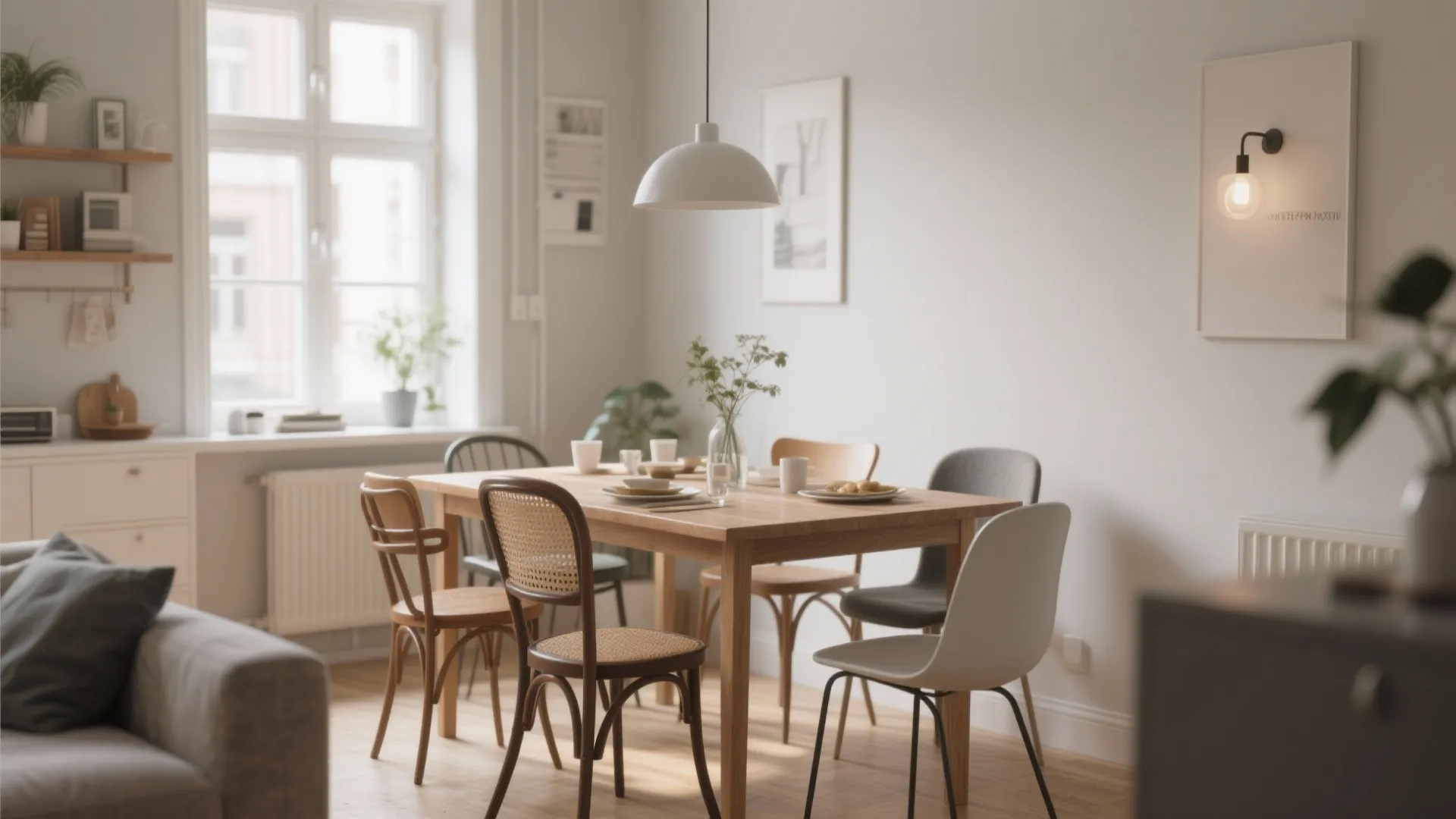 Dining table with vintage bistro chairs and modern seats in neutral tones