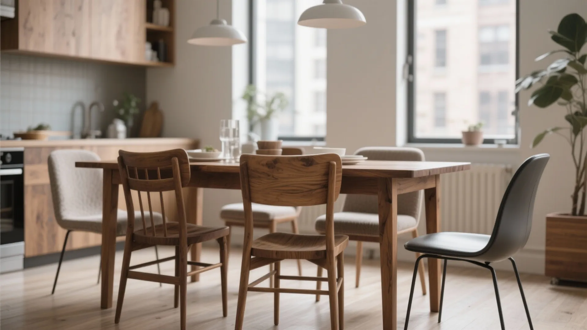 Close up of wooden and black chairs around a table in a bright modern kitchen