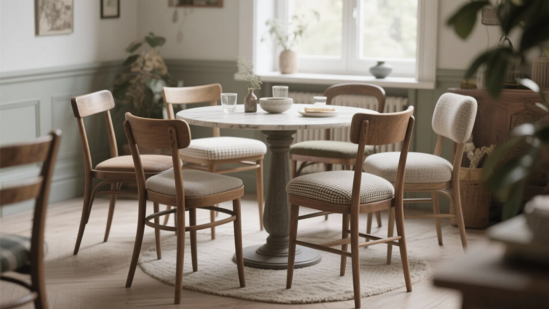 Eclectic mix of vintage and modern chairs around a dining table