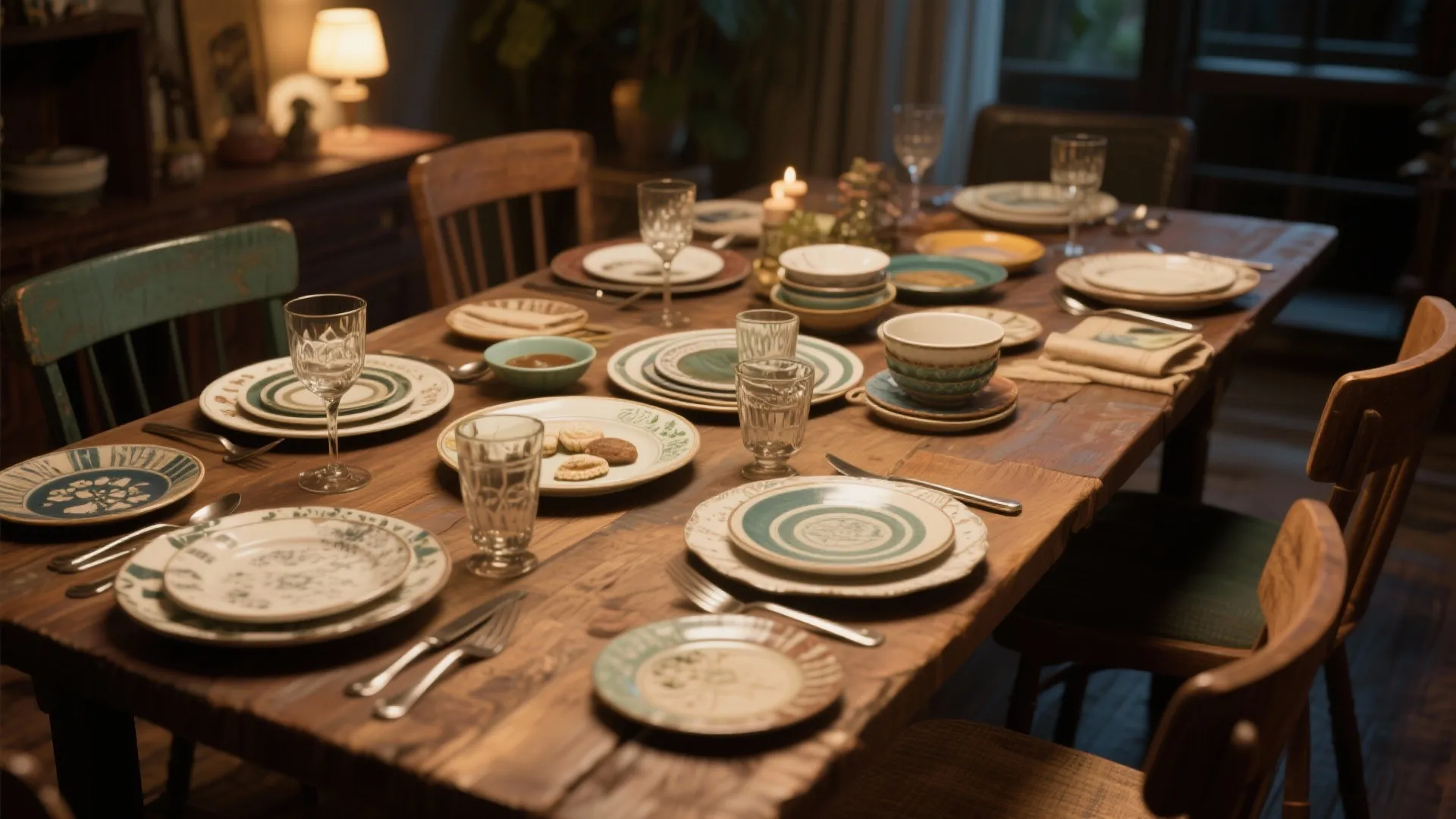 Wooden dining table set with various colorful plates glasses and silver forks in a cozy room