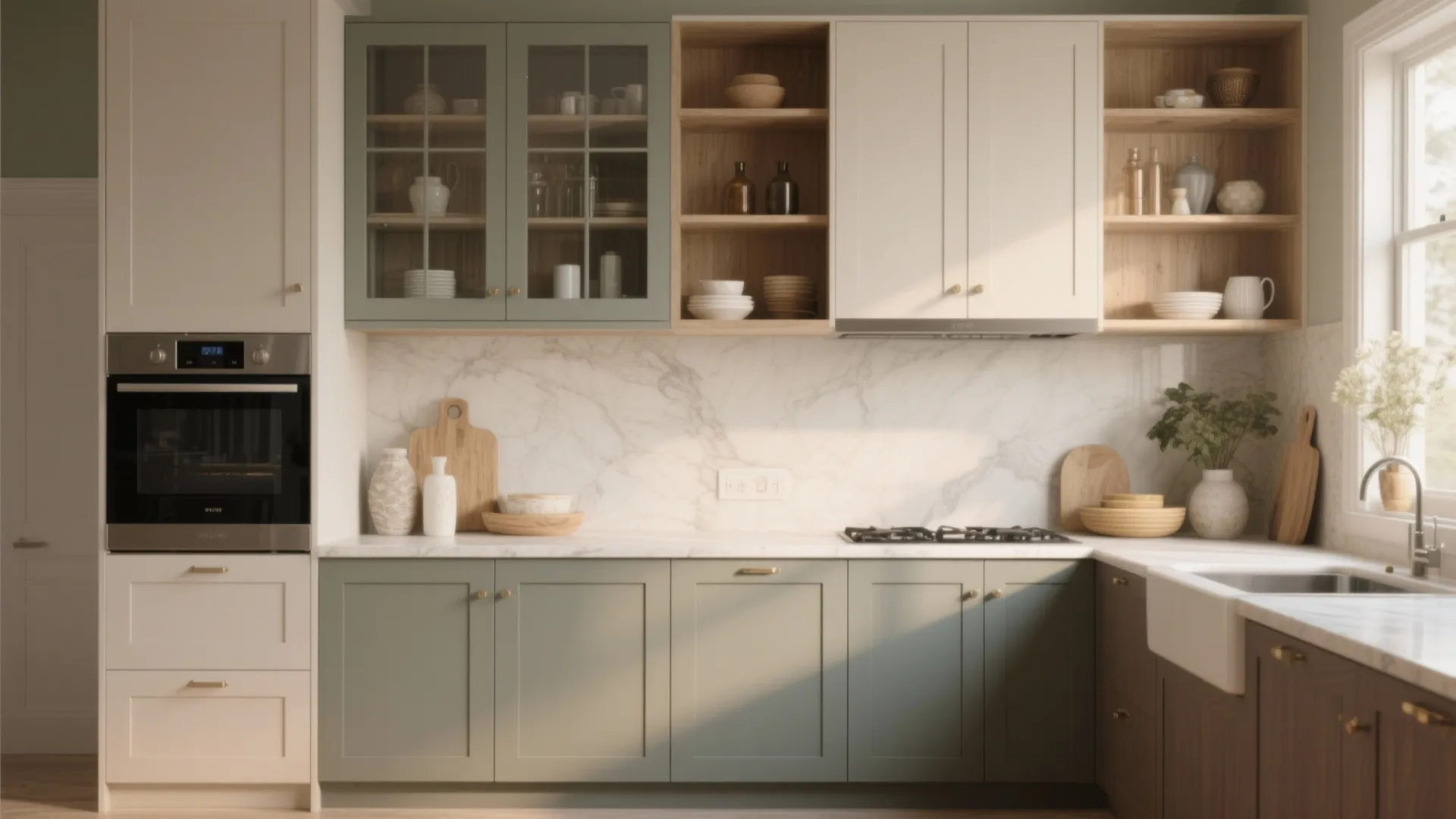 Modern kitchen with green bottom cabinets white top cabinets marble backsplash wooden shelves and built in oven
