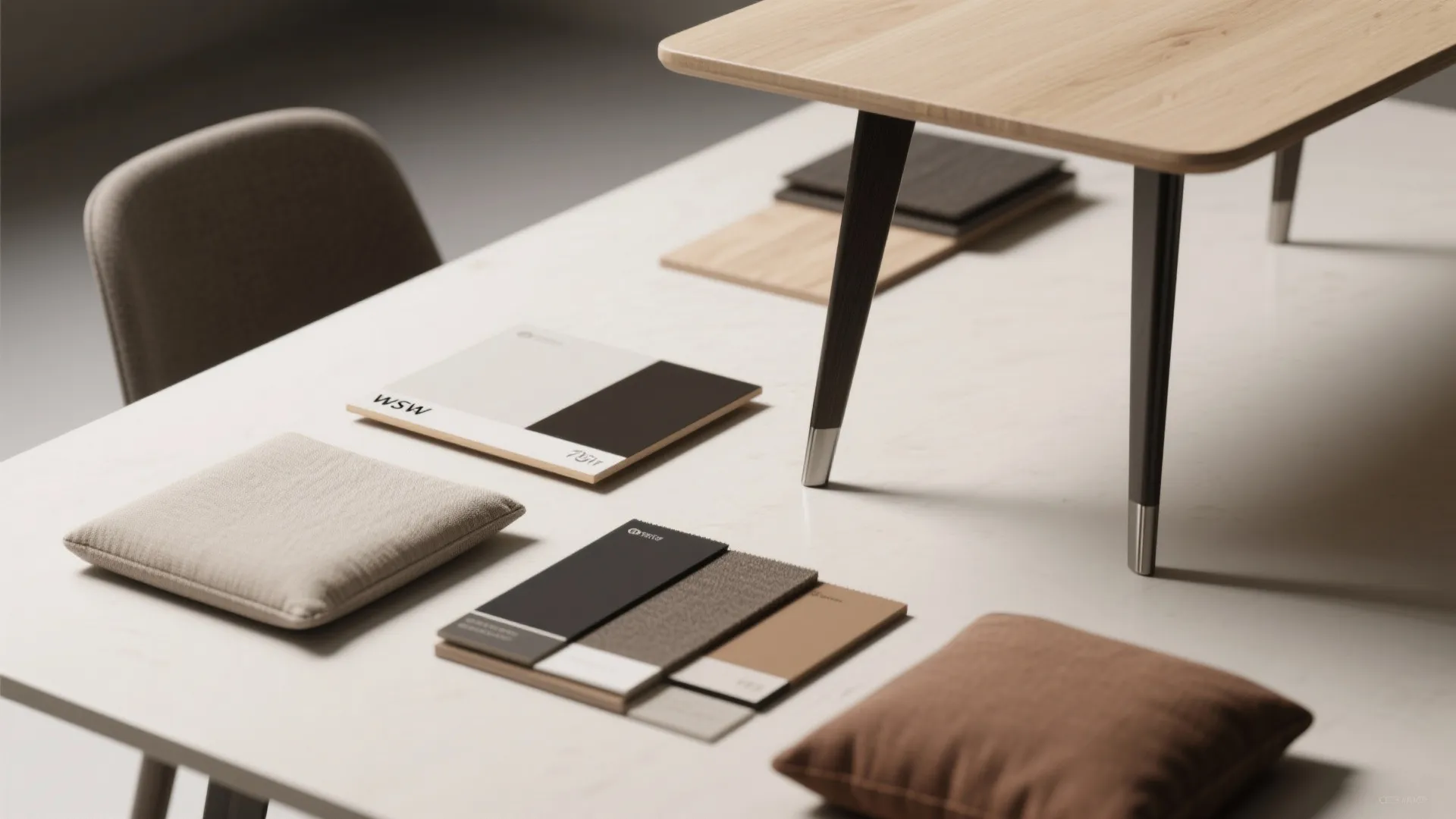 Interior design drawing showing material samples with wood and fabric pieces on a white table