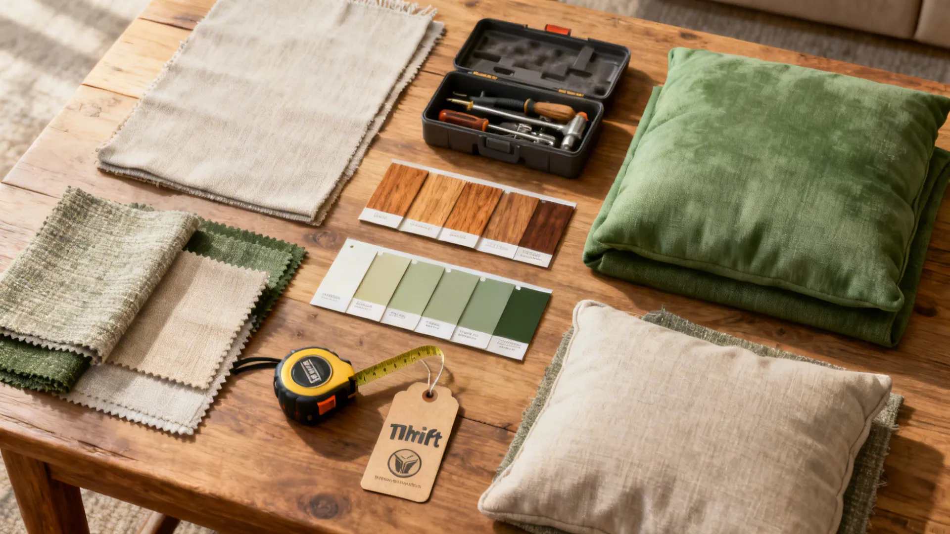 Flatlay of fabric swatches, color chips and tools for styling a secondhand recliner