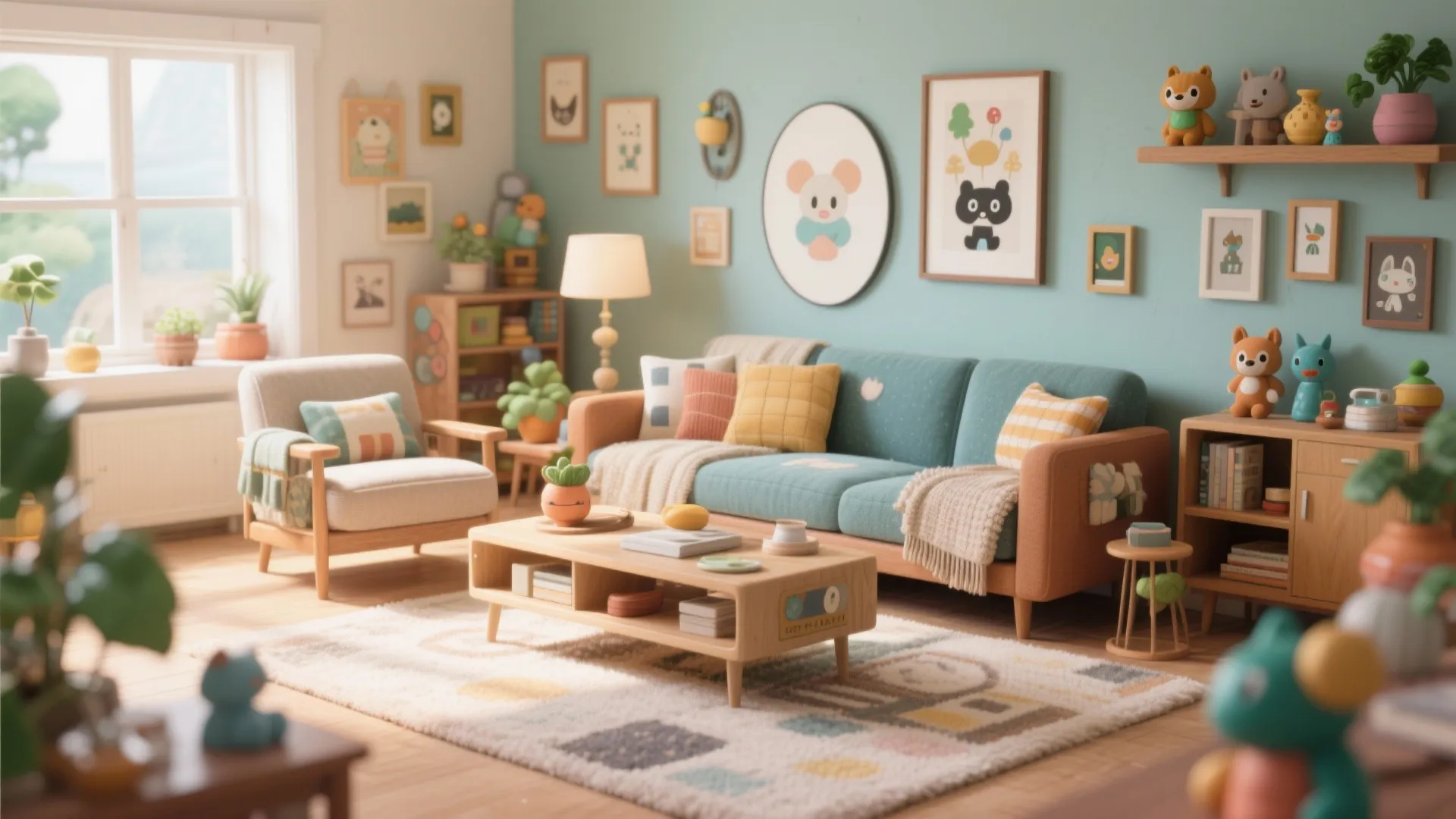 Colorful living room with blue sofa wood coffee table patterned rug and cute wall art