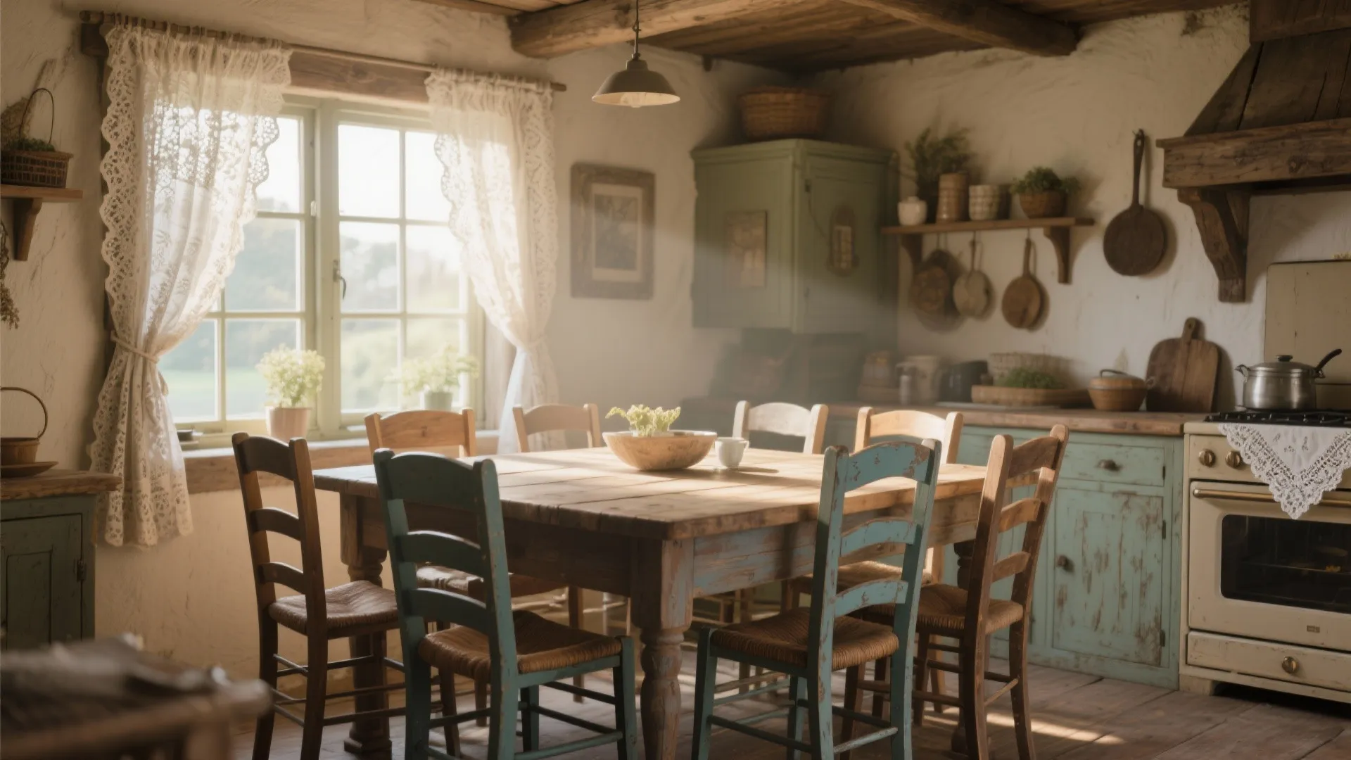 Farmhouse table with mismatched chairs
