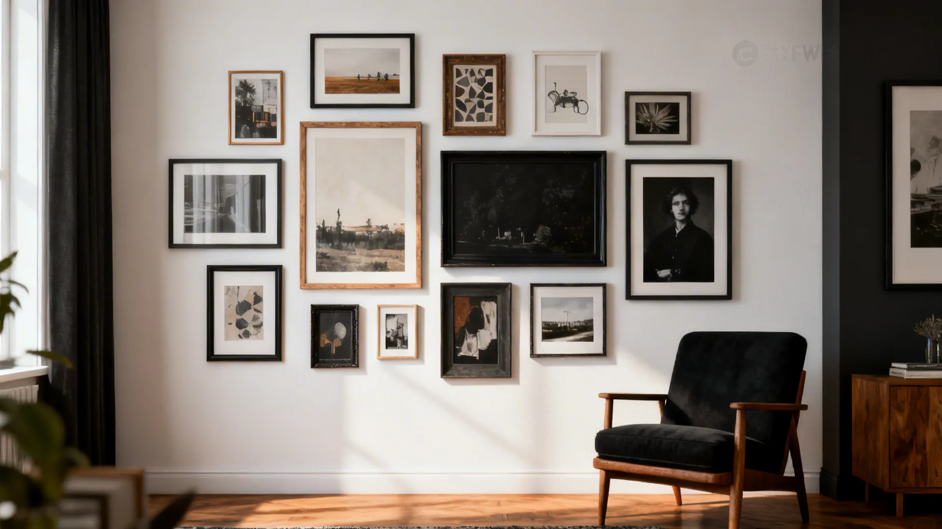 White wall decorated with many framed pictures next to a black armchair on wooden floor