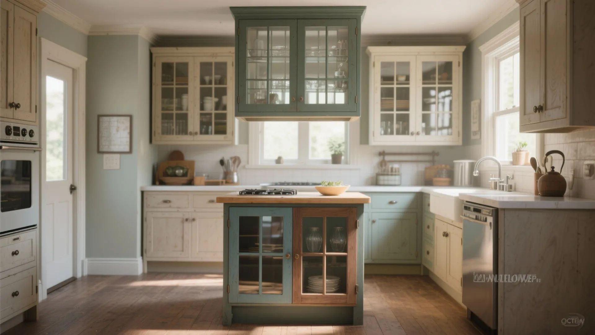 Traditional kitchen with green central island wood floors white wall cabinets and glass door cupboards