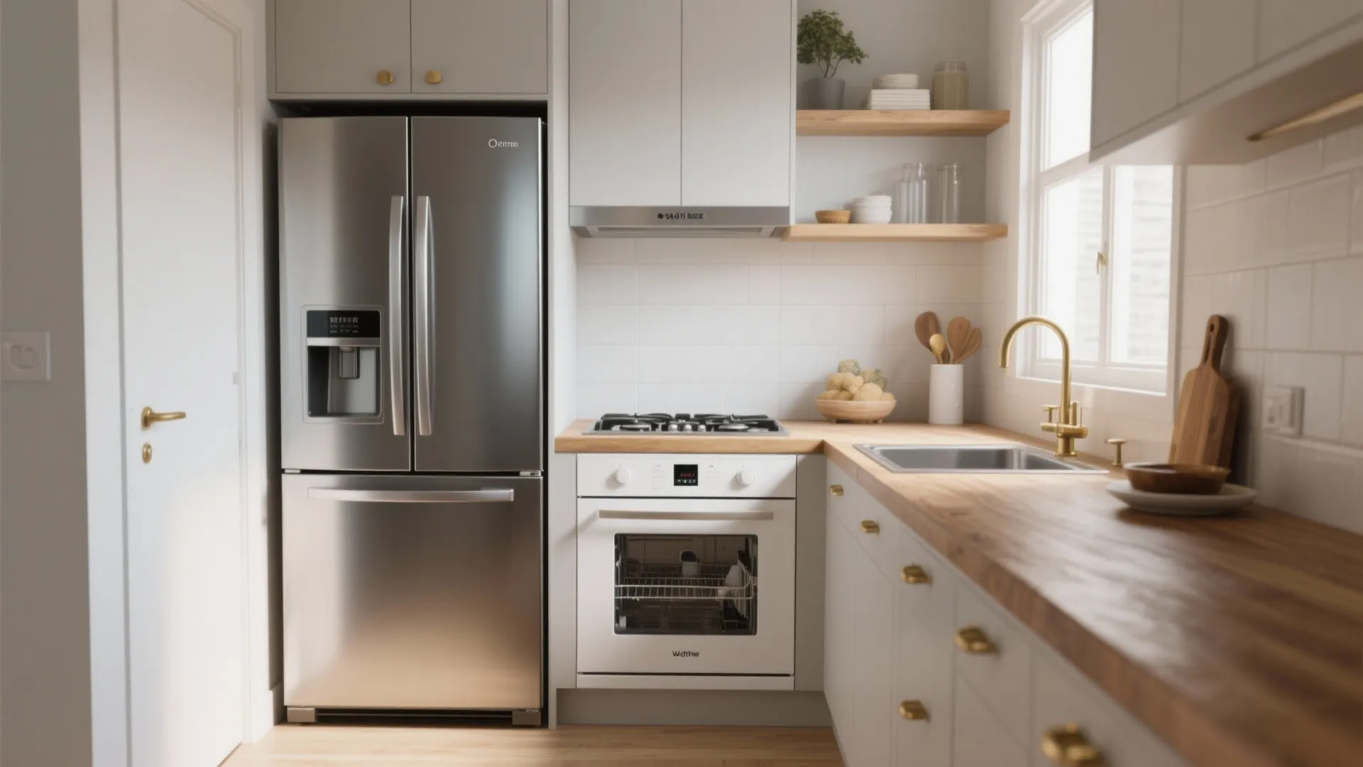 Modern kitchen featuring large stainless steel fridge white cabinets wood countertops white oven and gold faucet